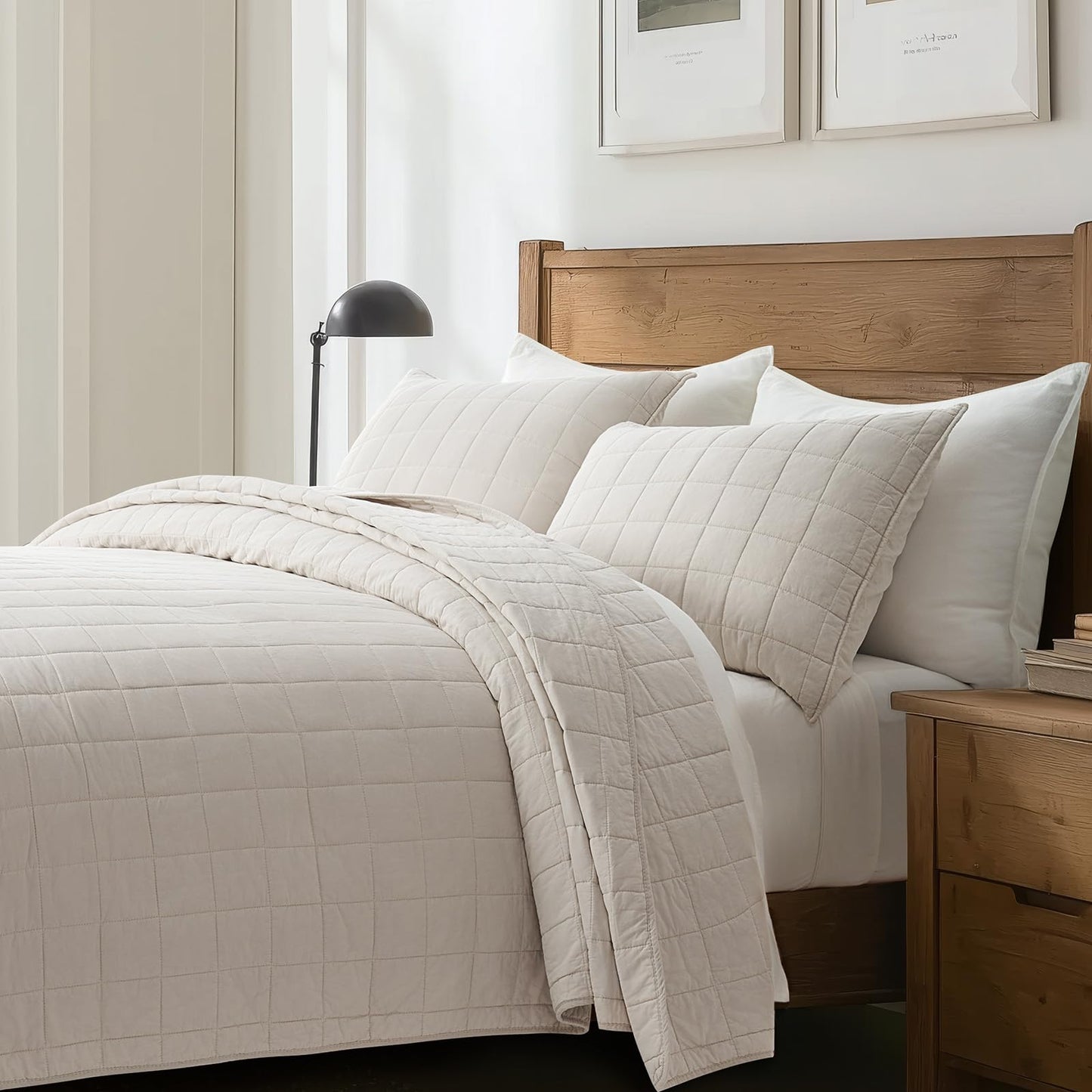 EVERGRACEHOME 100% Cotton Box Stitch Quilt Bedding Set King Size 3 Pieces, Garment-Washed Lightweight Soft Cozy Coverlet, Oversized Quilted Bedspread Sets with 2 Shams for All Season, Birch