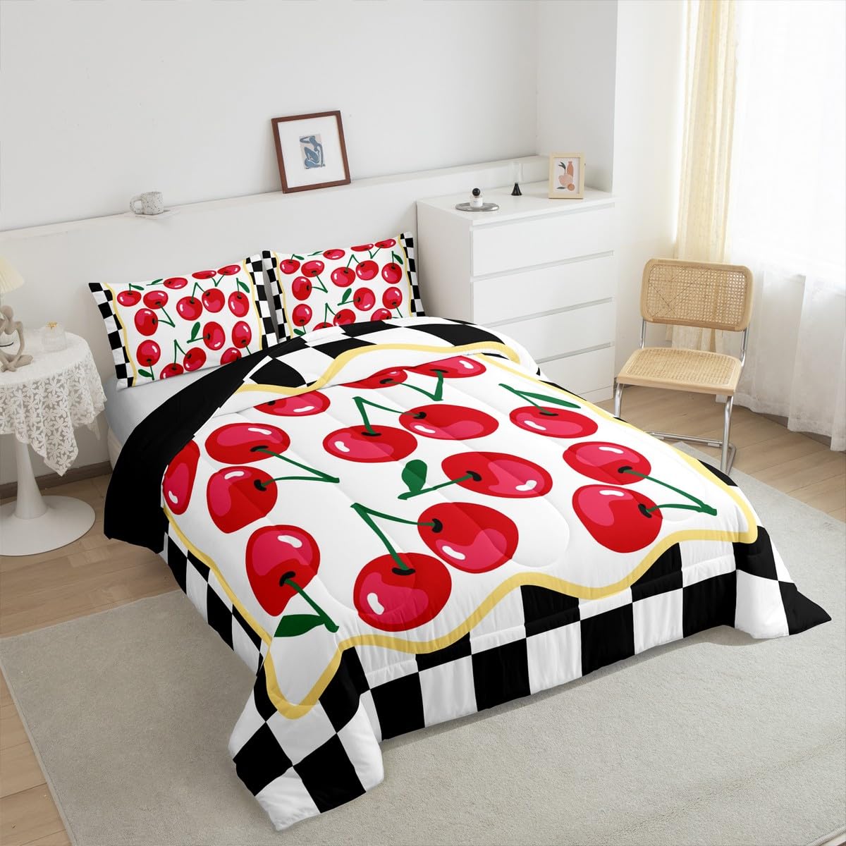 Cartoon Cherry Kids Comforter Set Twin Size,Geometric Checkerboard Plaid Patchwork Bedding Set,Girls Princess Room Decor,Tropical Fruit Summer Down Comforter,Red Black Duvet Insert,1 Pillowcase