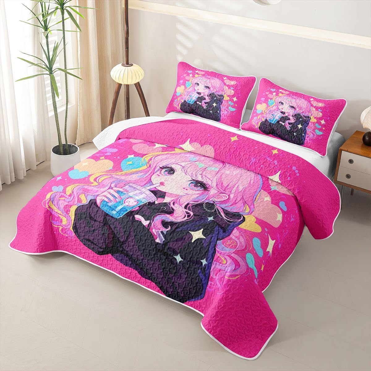 Erosebridal Preppy Girls Quilt Twin Size - Kawaii Japanese Girl Drinking Water Bedspread Coquette Girl with Colorful Curly Hair Bed Coverlet with 1 Pillowcase