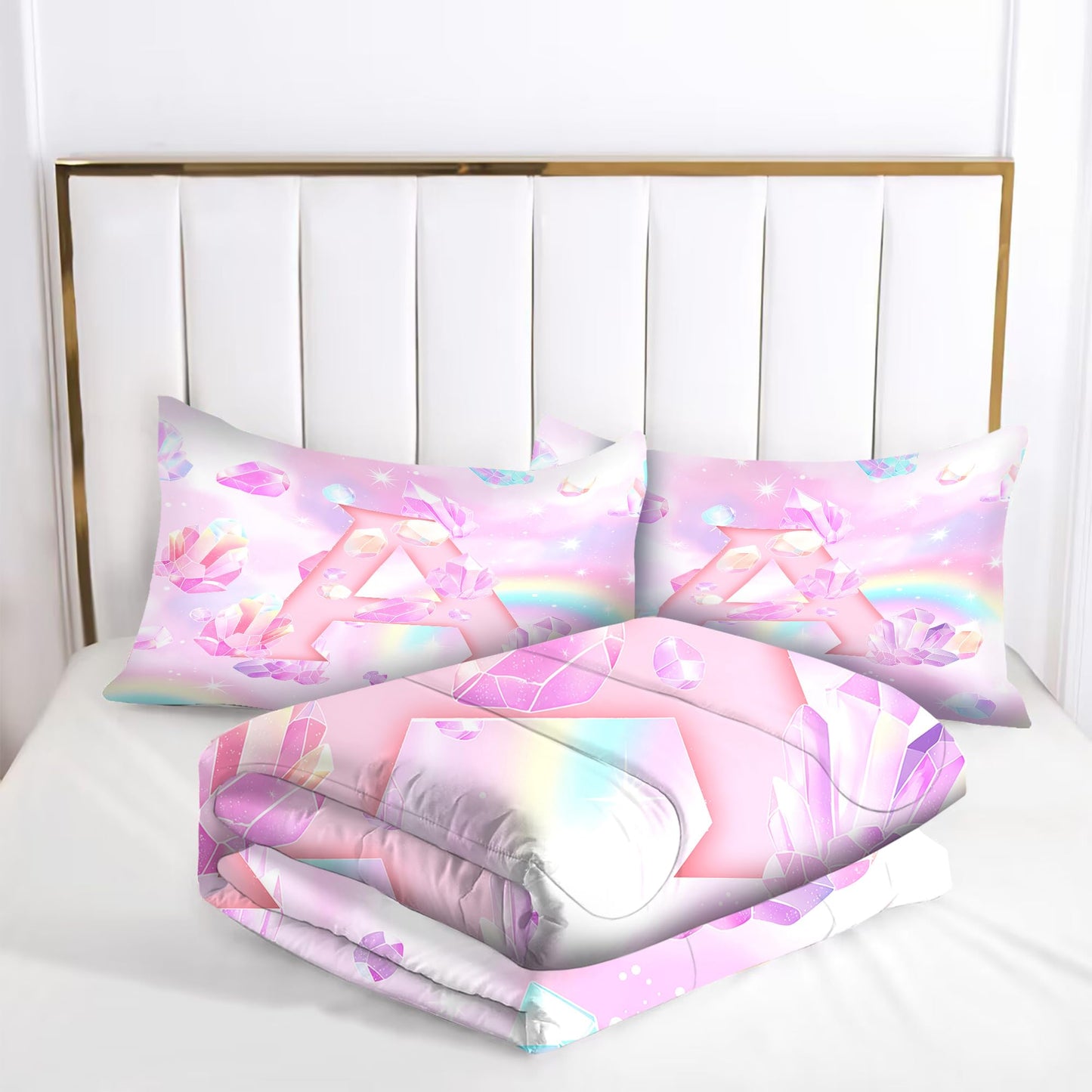 VTKON Pink Crystal Comforter Set for Kids Girls Queen Size 3 Piece Initial Letter A Bedding Set Glitter Rainbow Alphabet Bed Sets Sparkle Gemstone Bedroom Decor with 2 Pillow Cases