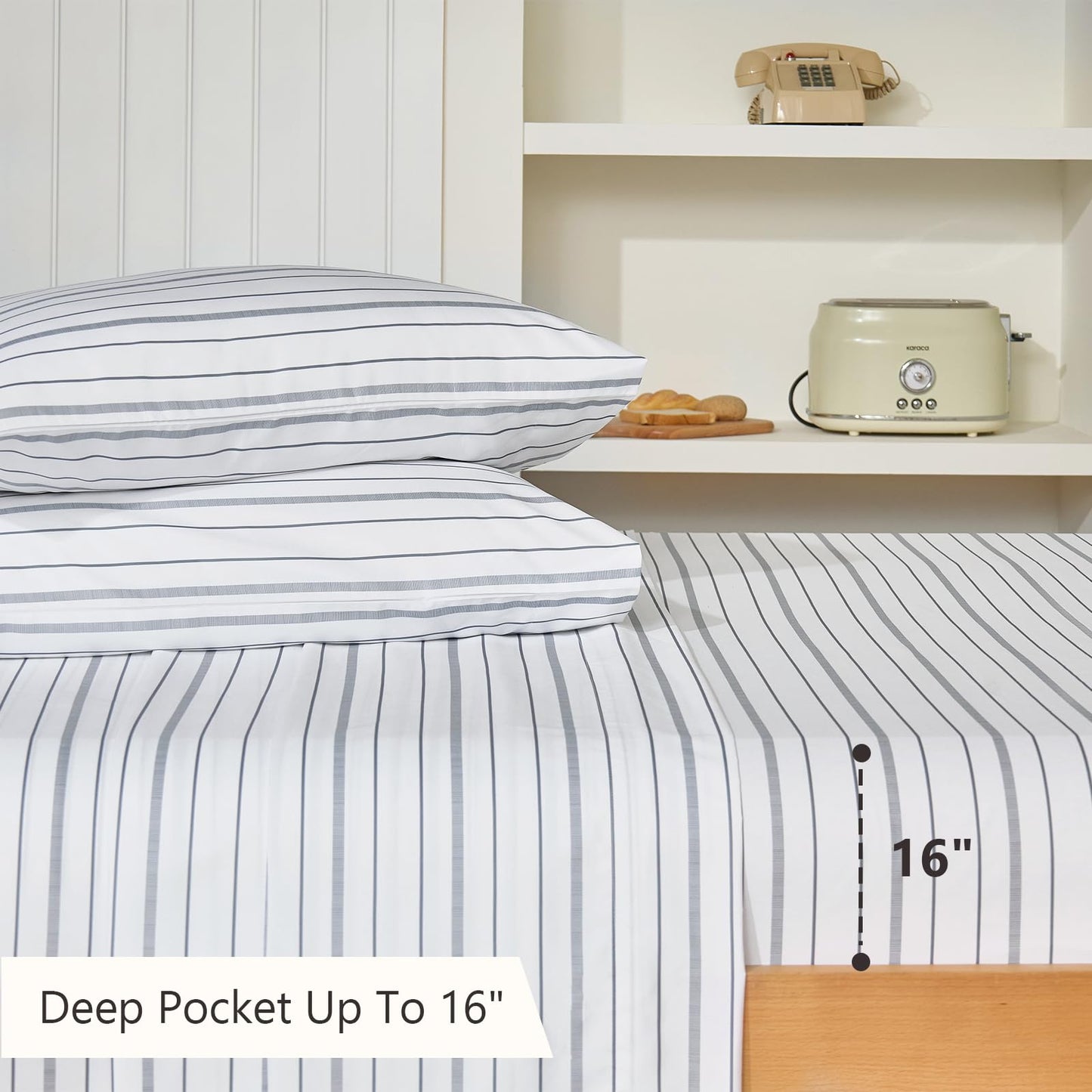 MCO 4Pieces Striped Sheets Set, Breathable King Sheet Set with 16" Deep Pocket,Modern & Luxury, Brushed Microfiber Bedding Set(King, White)