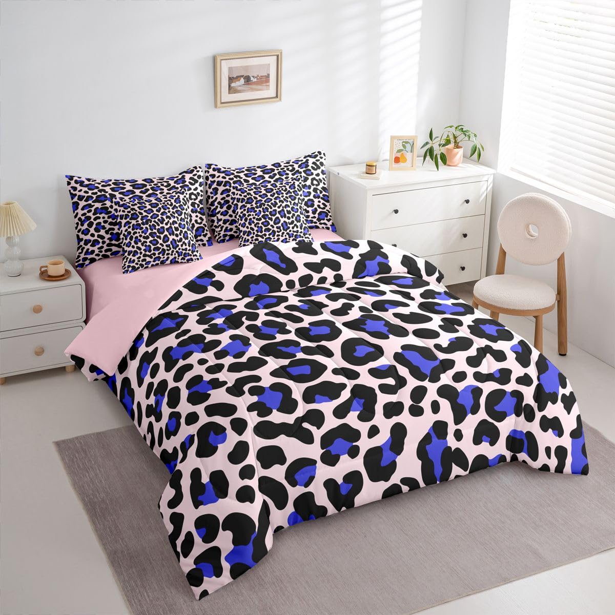 Erosebridal Cheetah Print Comforter Set King Size for Boys Pink Leopard Print Bedding Set 7 Piece Cat Panthera Animal Skin Bed in A Bag for Kids Teens Youth Women Room African Safari Wildlife Sheets