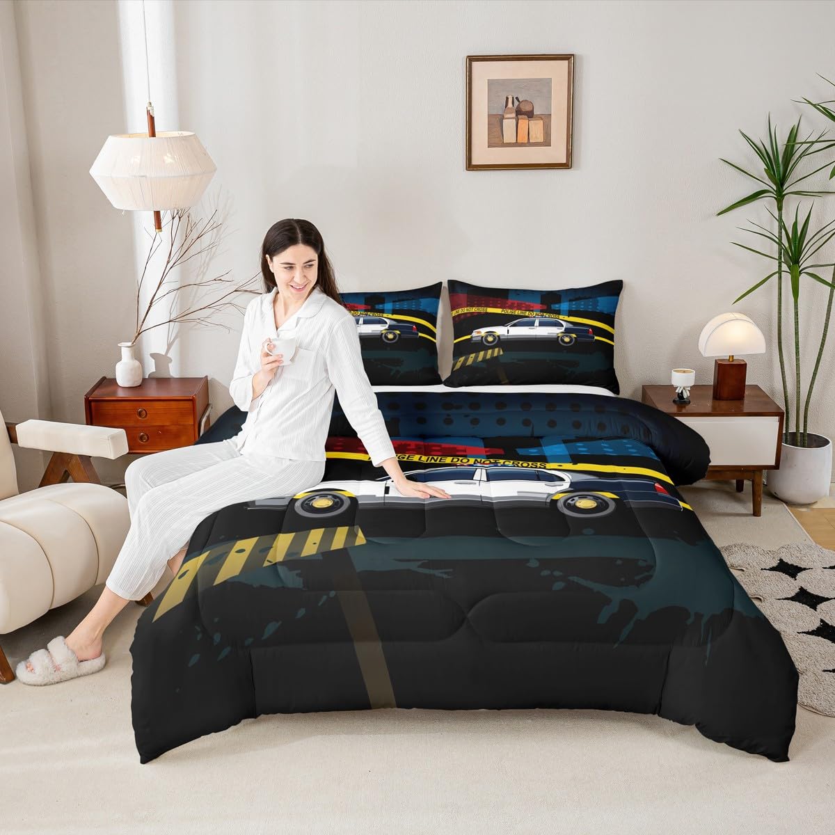 Feelyou Police Car Bedding Set Policeman Vehicle Boys Comforter Set for Kids Teens Soft Automobile Comforter Emergency Responder Vehicles Duvet Set Room Decor Twin Size Quilt Boys