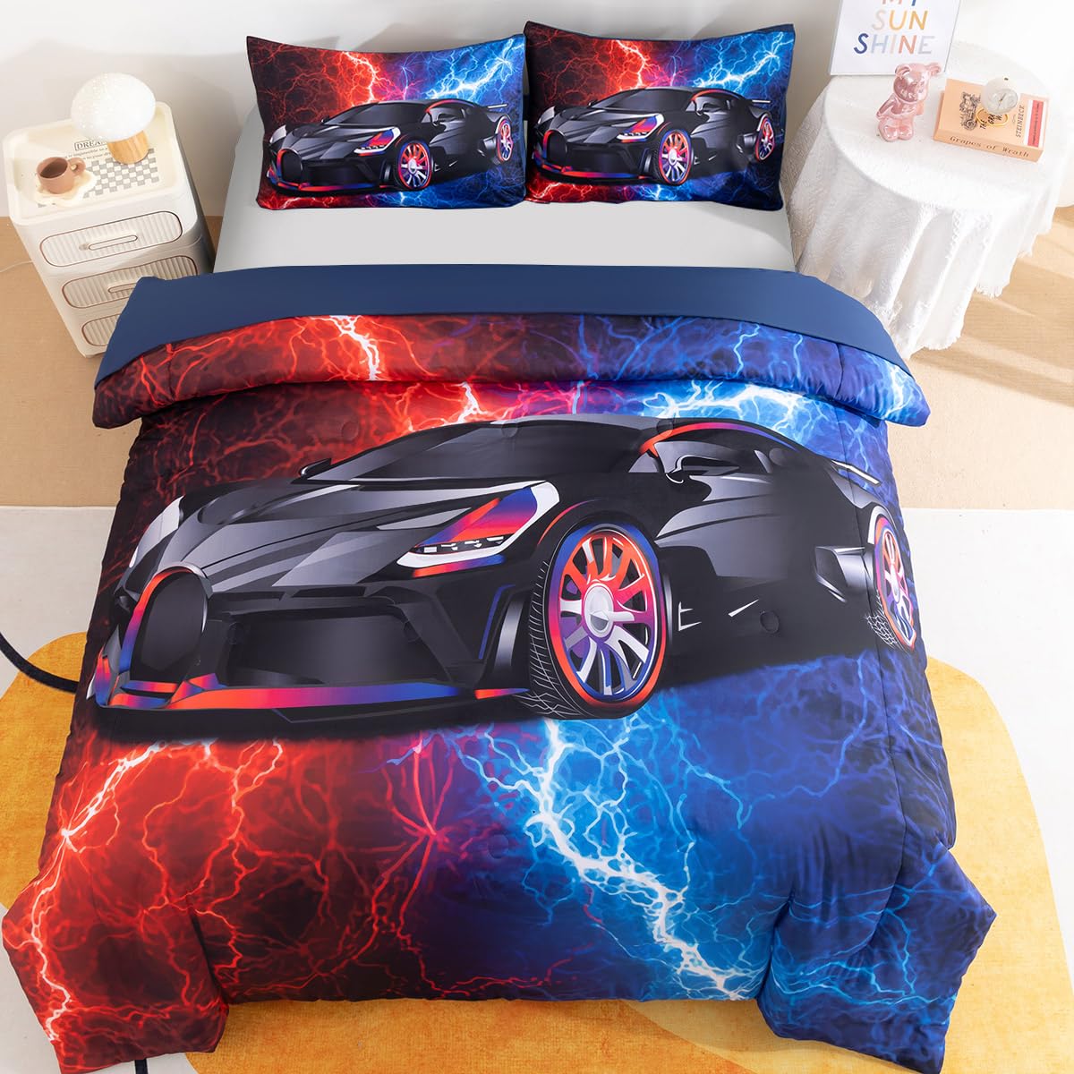 Podol 3 Pieces Race Car Comforter Set Twin Size Red and Blue Sports Car Bedding Sets for Boy Lightnings Tie Dye Bed in a Bag