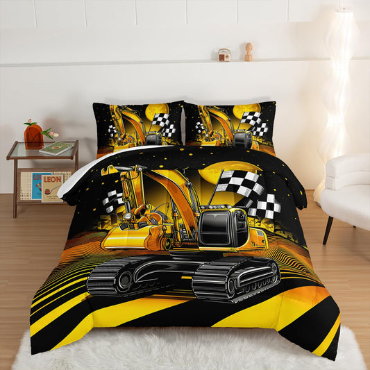 UEVBF Yellow Excavator Construction Vehicles Comforter Set Queen Size,Equipment Trucks Bedding Set for Kids Boys Girls Room Decor,Cartoon Car Pattern Beddings with 2 Pillowcases.