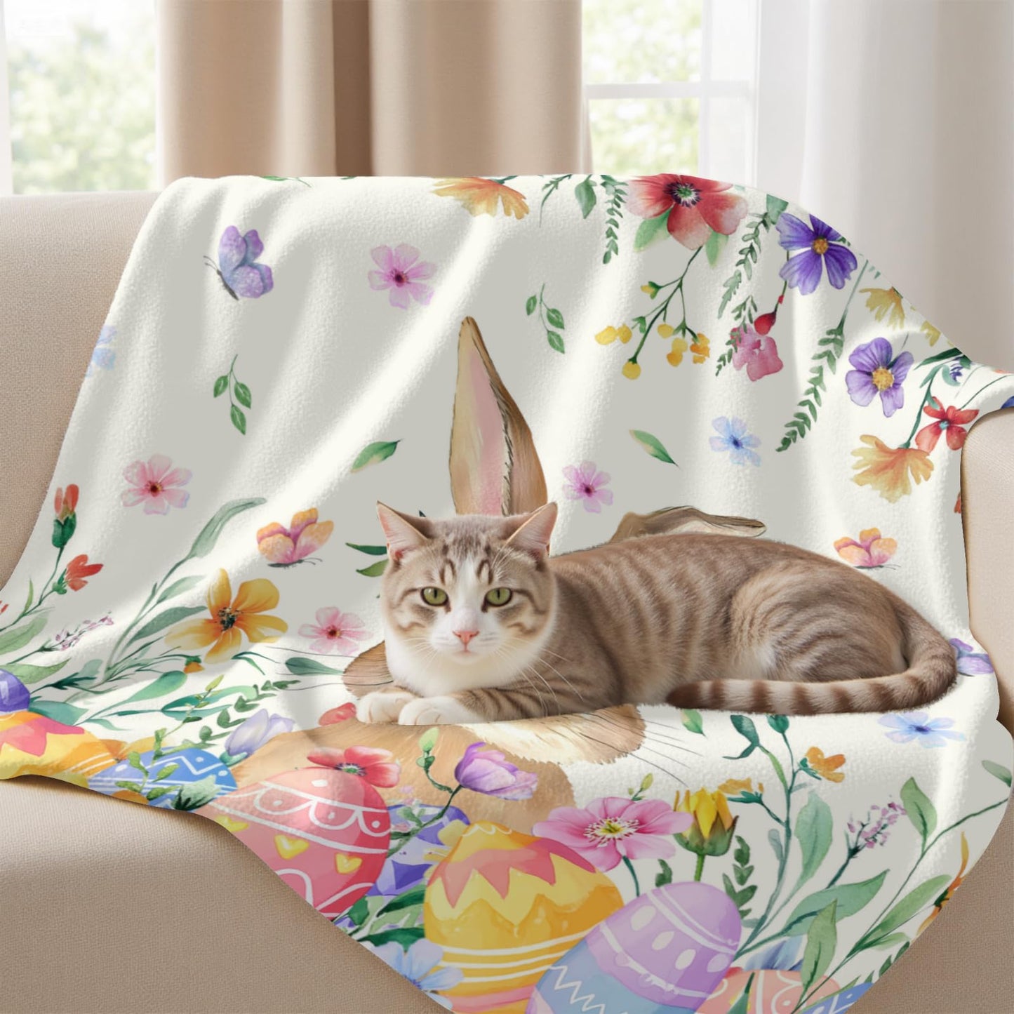 Arktrident Easter Rabbit Throw Blanket Spring Flower Soft Cozy Bed Blankets Plush Fuzzy Warm Lightweight Fleece Blankets for Couch Sofa Gifts 50"X60"
