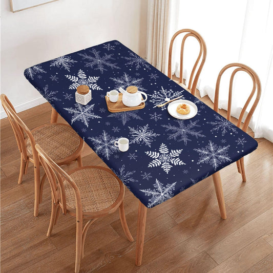 Fiokroo Winter Snowflakes Blue Tablecloth with Elastic Edge for 4ft Rectangle Table, Table Cloth Christmas Washable Table Cover for Kitchen Dining Party Outdoor Picnic Decoration, 48" L X 30" W