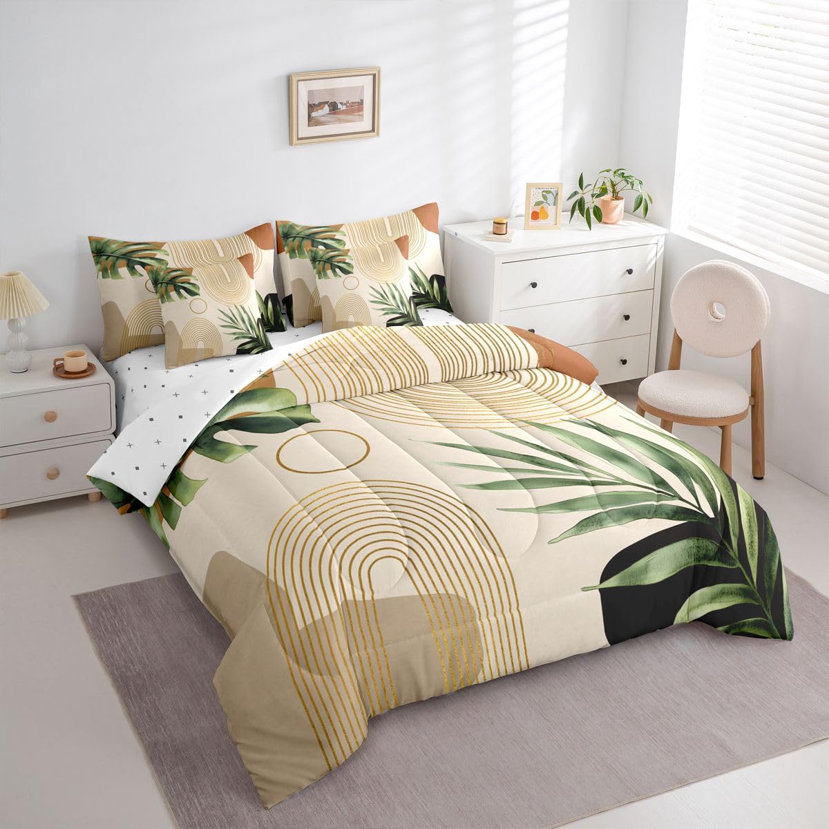 Erosebridal Boho Sage Green Full 7 Pcs Bedding Set, Abstract Bohemian Mid Century Comforter Set with Sheets, Modern Golden Geometric Minimalist Bed in A Bag, Plant Botanical Palm Leaf Bed Sets