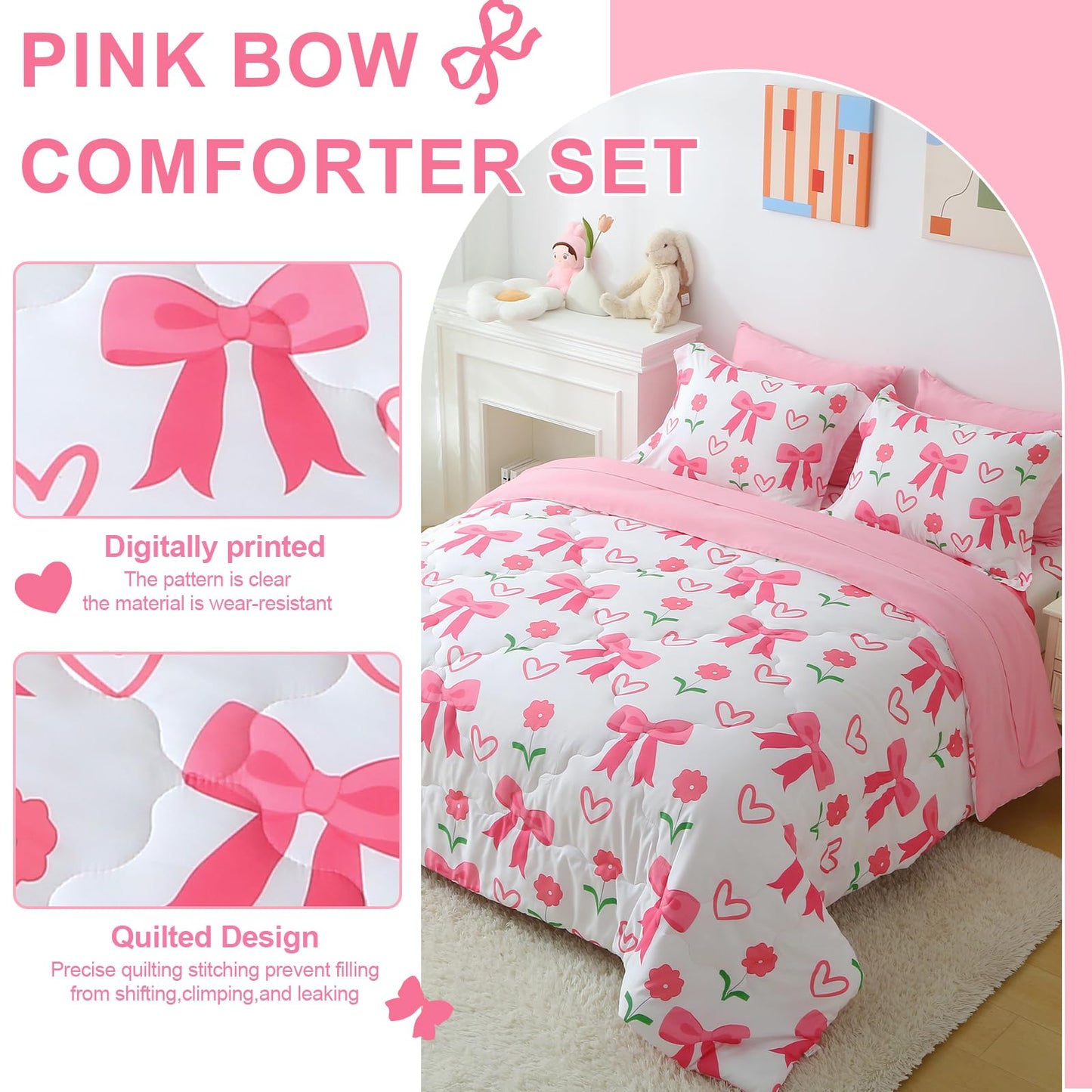 Jameswish Pink Bow Comforter 7 Pieces Comforter Set Full Size Pink Flower Bow Comforter for Girls Kids Romantic Princess Style Bow Tie Bedding Set Super Soft All Season