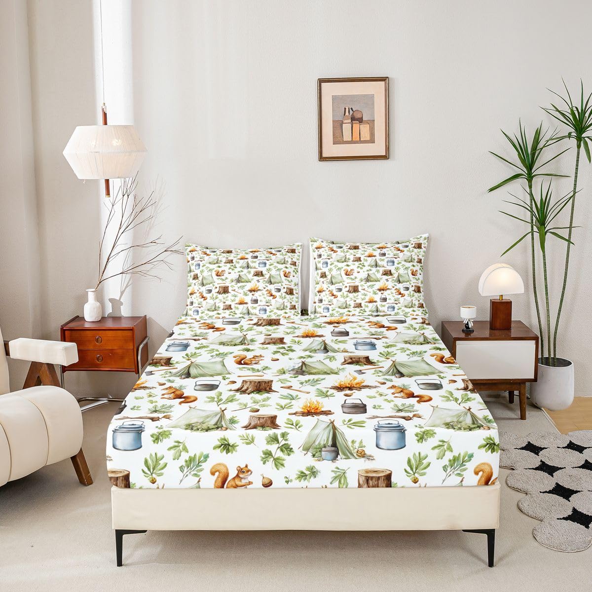 Cartoon Camping Fitted Sheets Full Size (No Flat),Campsite Tent Bonfire Bedding Set 3Pcs,Kids Teens Woman Room Decor,Squirrel and Pine Tree Bed Sheet Rustic Brown Green Deep Pocket Sheet,2 Pillowcases
