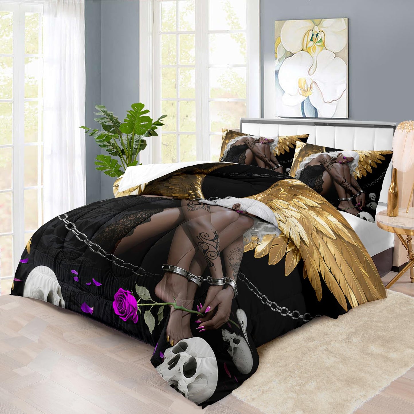llyxsesty Golden Angel Wings Comforter Set Twin Girls Black Goth Comforter Set Adult Gold Goth Fashion Bedding for Women Angel Wings Bedding Quilt Skull Decor for Home Elegant Home Decor Bedroom