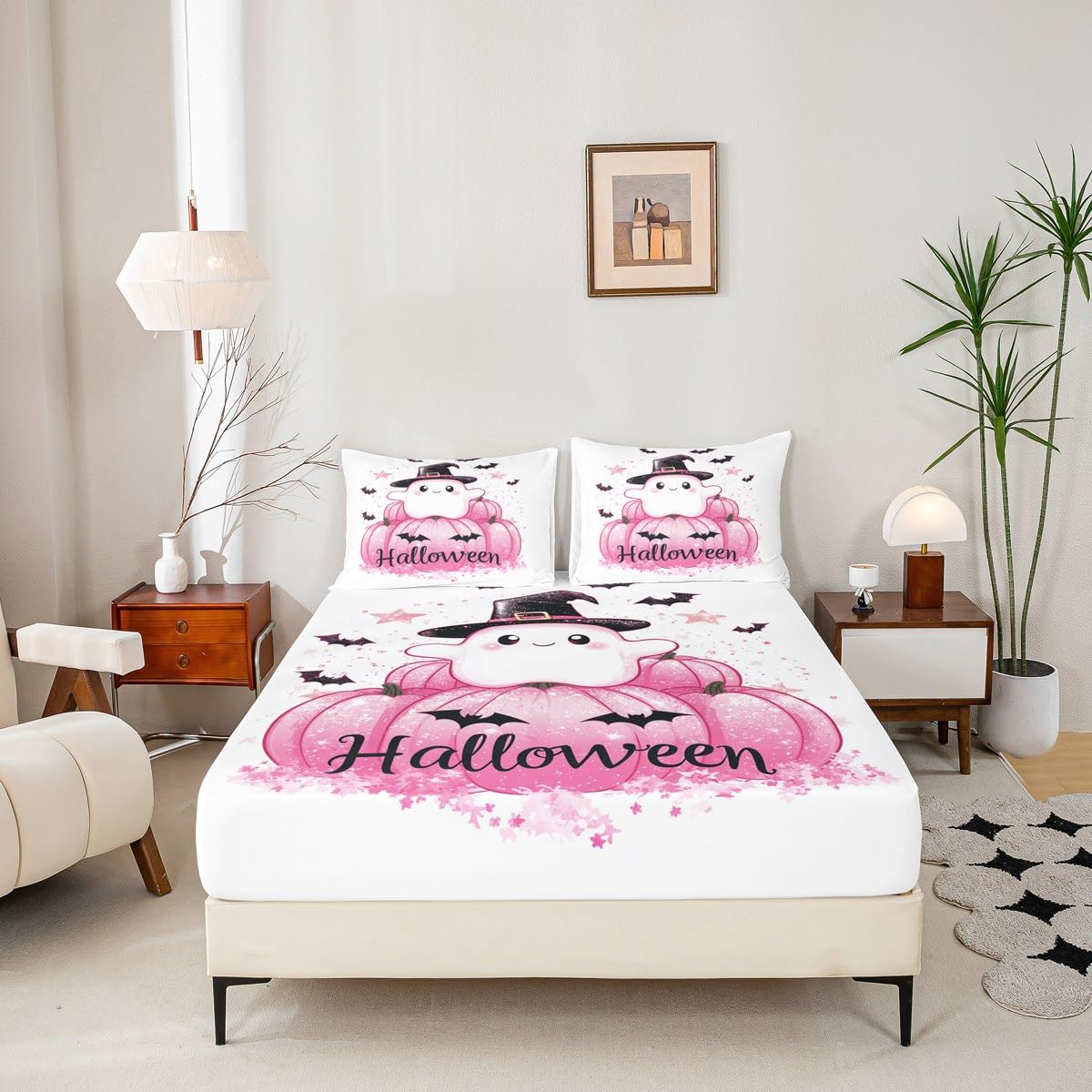 Feelyou Kids Halloween Bedding Set Full Size, Cute Ghost Bed Sheet Set Boys Girls Pink Pumpkin Fitted Sheet Black Bat Teens Bedroom Decor Bed Set 3Pcs (No Flat Sheet)