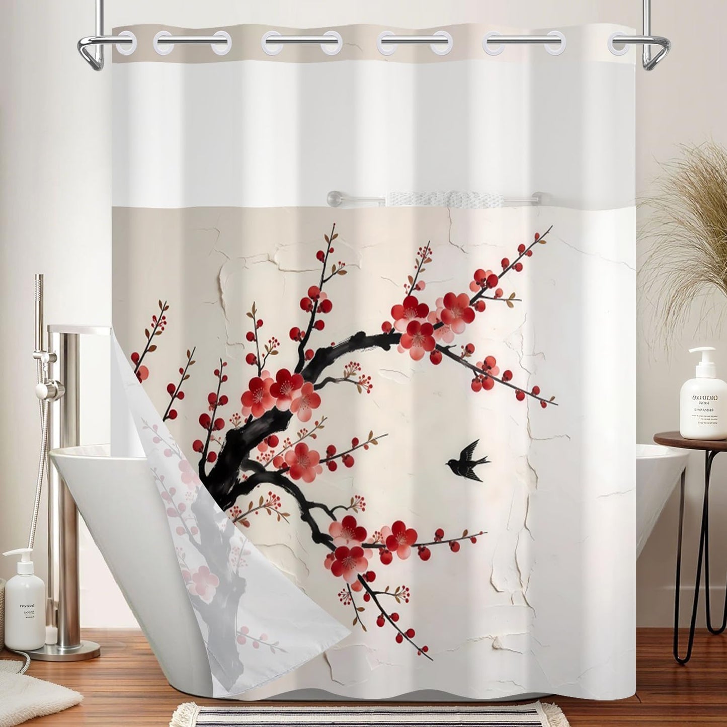 Xiazhilaio Plum Blossom Shower Curtain with Snap in Liner, 71x74 Inch