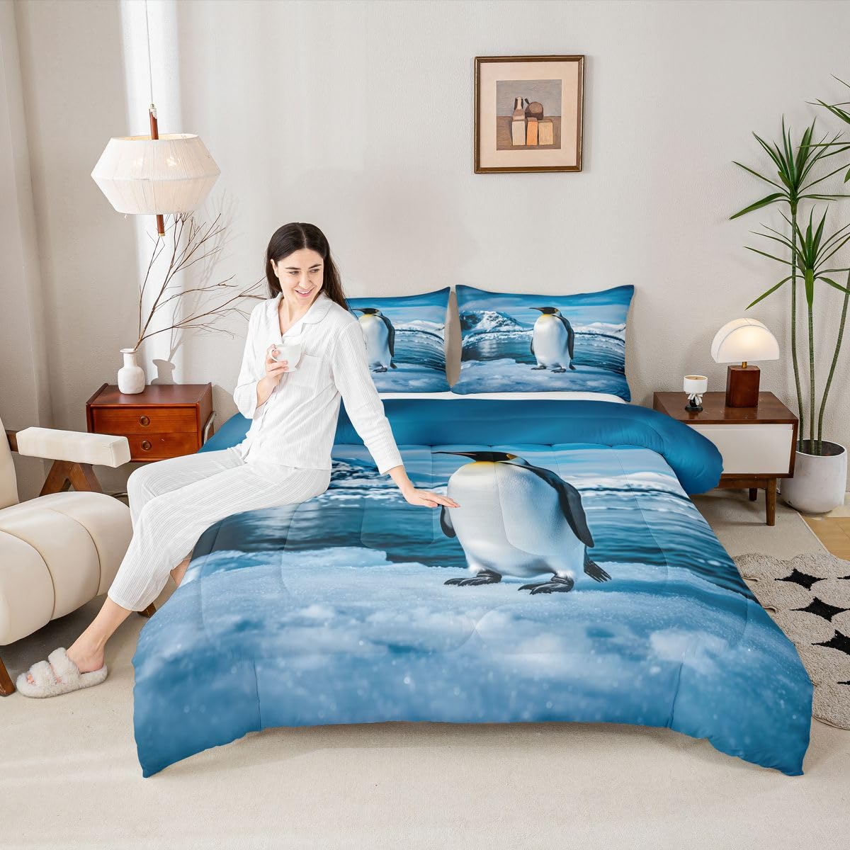 Erosebridal Penguin Kids Comforter Sets Glacier Snow Queen Bedding Set for Boys Girls Cloud Blue Sky Wild Animals Print Comforter Set,Antarctica Landscape Quilt Duvet 3 Pcs
