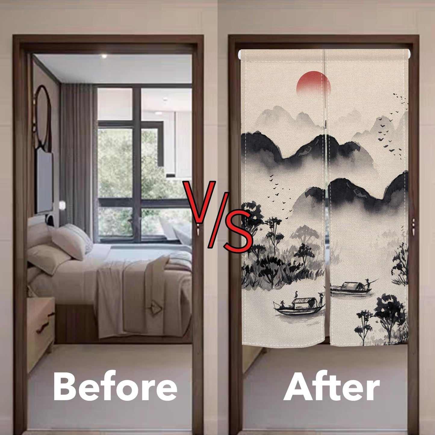 Leowefowa Chinese Ink Painting Doorway Curtain Mountain Boat Door Trapestry Feng Shui Window Treatment Hanging Japanese Noren Bedroom Divider Kitchen Door Asian Home Decor, 33.5"x 70.9"