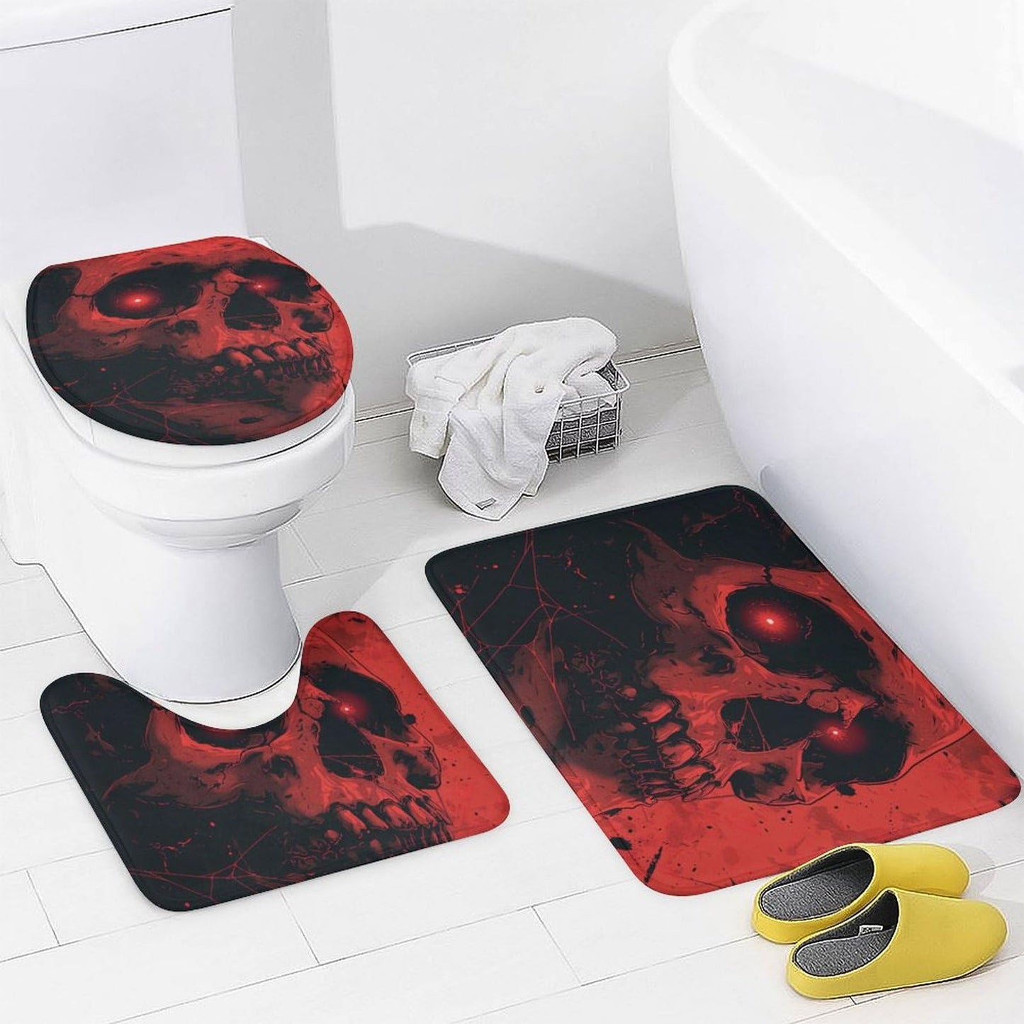 TOWINSFB 4Pcs Halloween Creepy Skull Shower Curtain Set with Toilet Lid Cover Non-Slip Rugs for Bathroom, Fantasy Red Gothic Skeleton Cobweb Shower Curtain Bathroom Sets with Hooks, 72x72 Inch