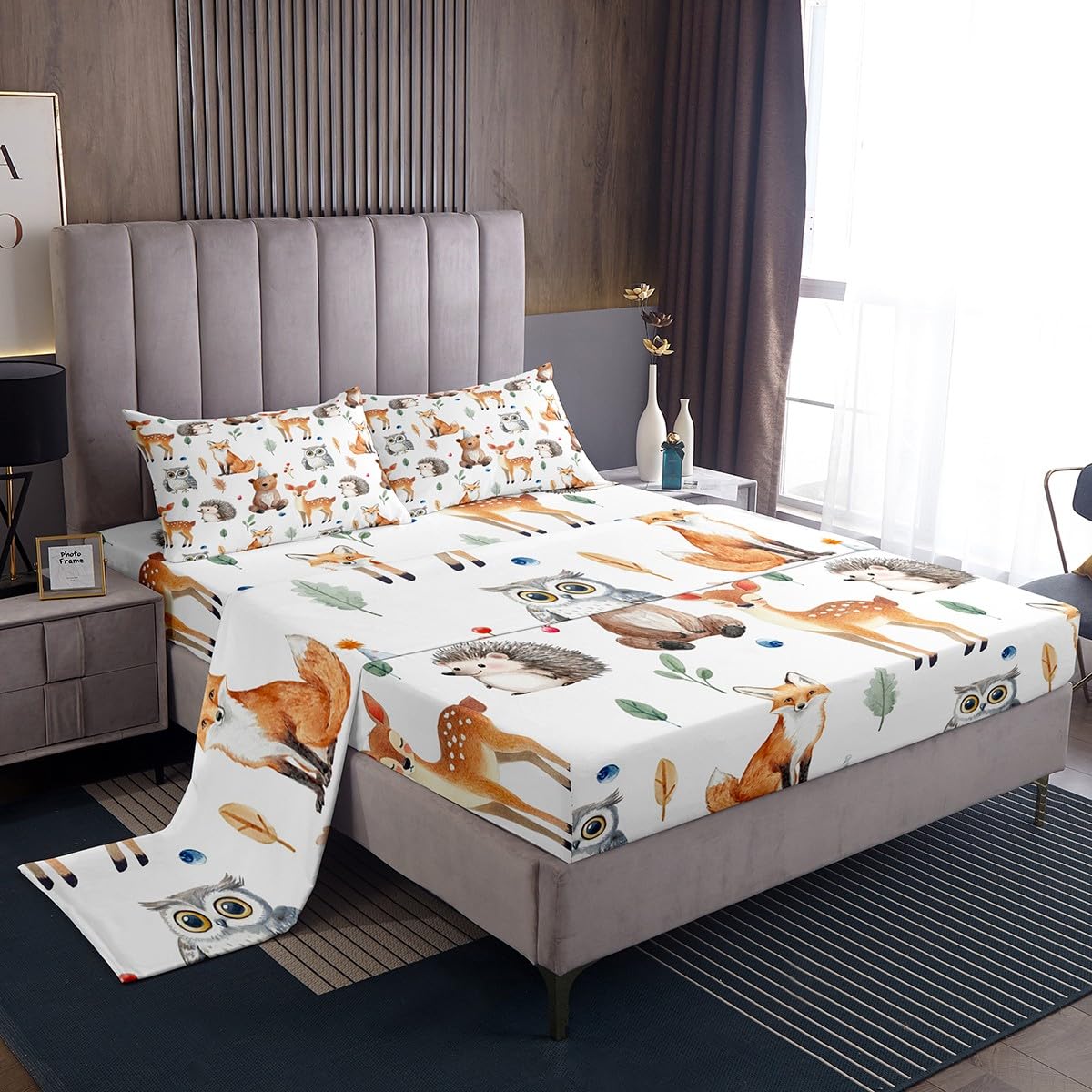 Feelyou Kids Cartoon Fox Sheet Set Cute Bear Bed Sheets Set for Boys Teens Decor Kawaii Owl Print Sheets with Deep Pocket Fitted Sheet Botanical Leaf Pattern Bedding Set Bedroom 4Pcs Full
