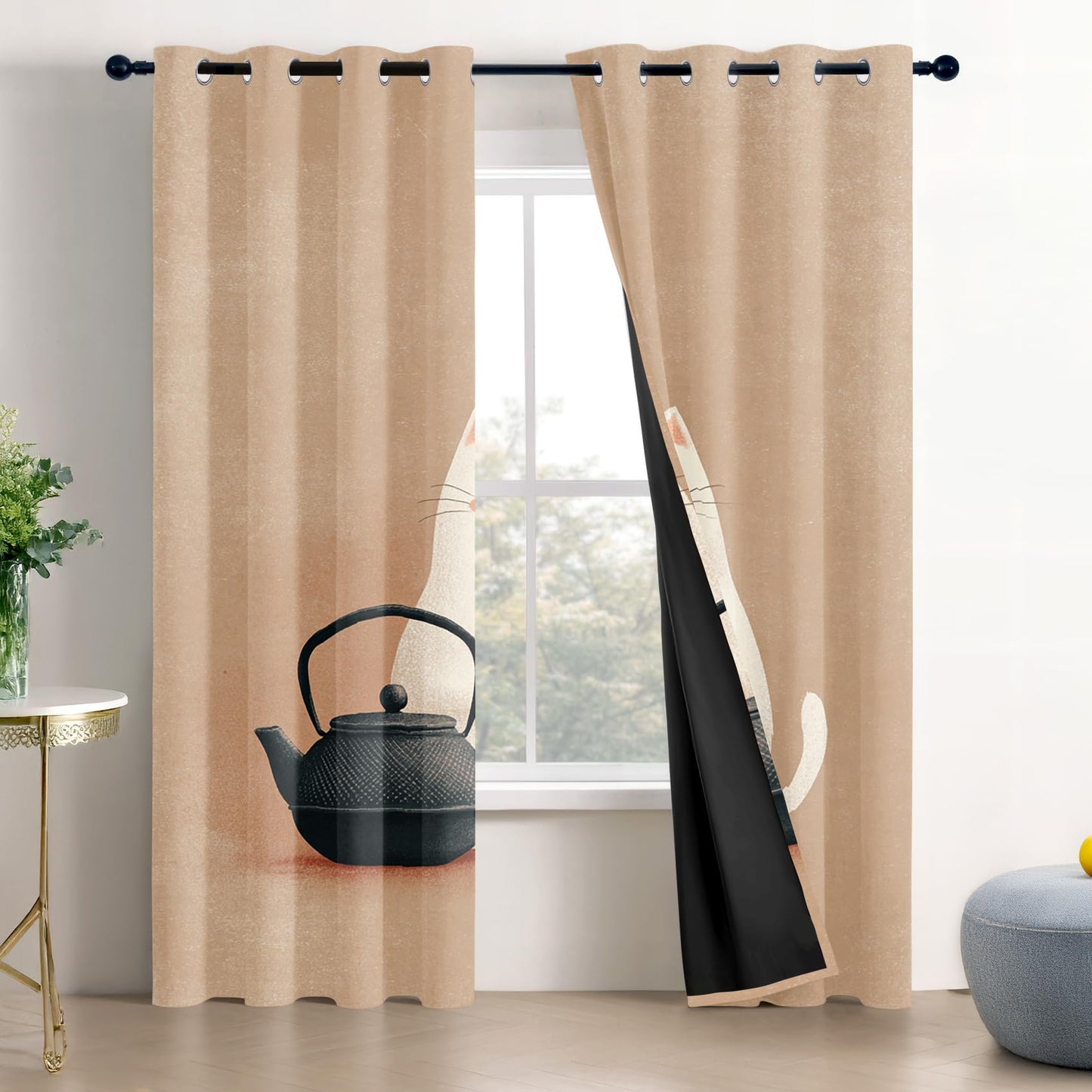 Solvivae Cat Curtains Blackout, Room Darkening Thermal Insulated Grommet Drapes for Bedroom Living Room, Cute Cat and Teapot Kitchen Patterned Window Treatments, 96 Inch Curtains 2 Panel Set