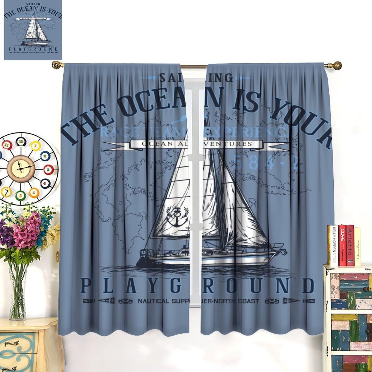 Ocean Nautical Curtain, Funny Retro Coastal Sailboat World Map Pattern Print Decor Rod Pocket Window Treatments, for Bedroom Living Room Kitchen 42" W X 45" L