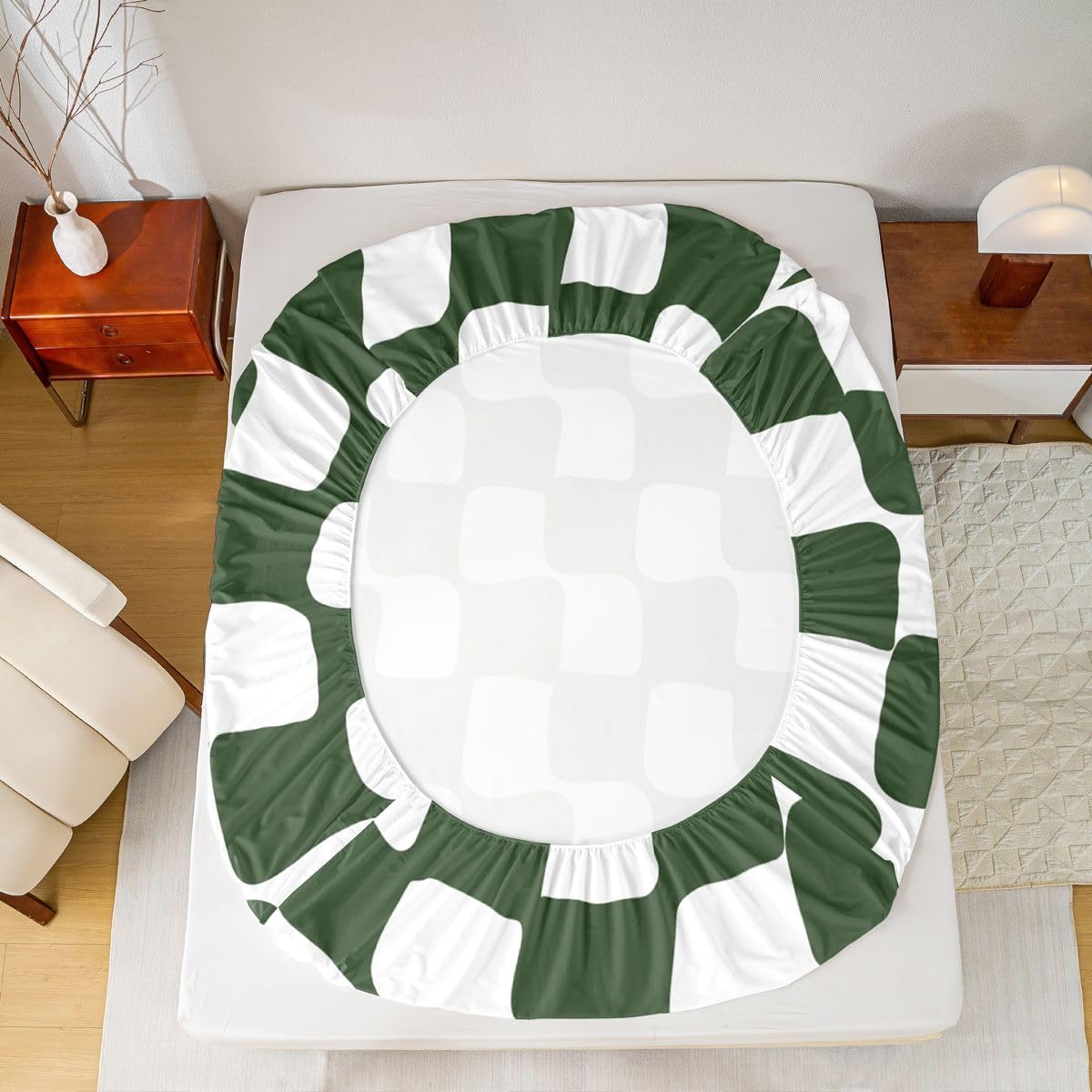 jejeloiu Checkered Grid Fitted Sheet Full Size for Kids Boys Girls Buffalo Plaid Bed Sheets Set 16" Deep Pocket Soft Breathable Microfiber Green White Bedding with 2 Pillowcases Geometric Room Decor