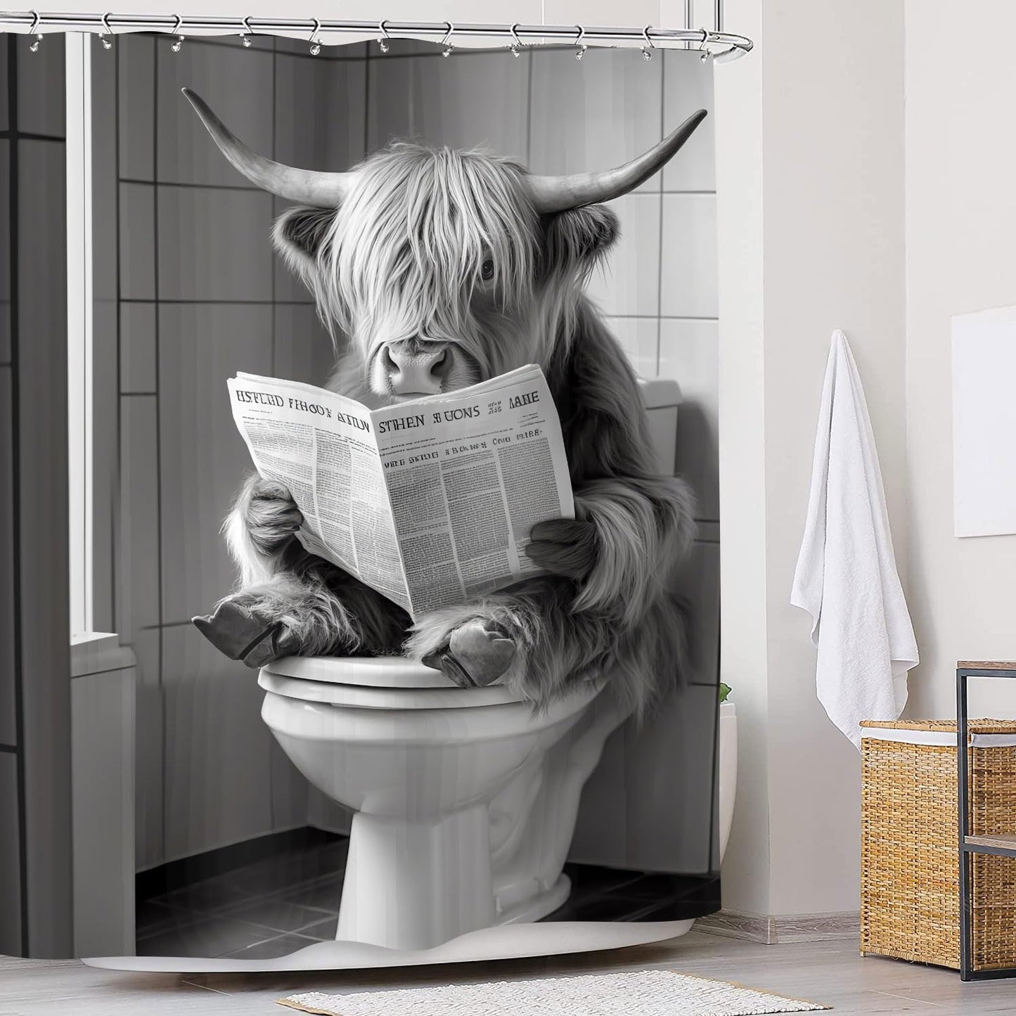 JAWO Funny Shower Curtain Farmhouse Highland Cow Country Shower Curtain Funny Shower Curtains for Bathroom Grey White Cow Sitting on The Toilet Reading a Newspaper Bathroom Decor Western Cattle 72X72