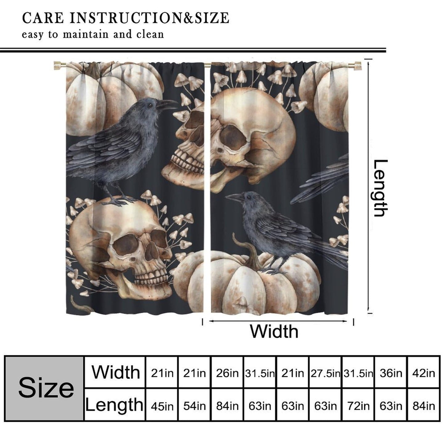 HZOHNAGO Gothic Crow Curtains Skull Mushroom Pattern Blackout Print Rod Pocket Window Drapes for Bedroom Living Room 42x45in