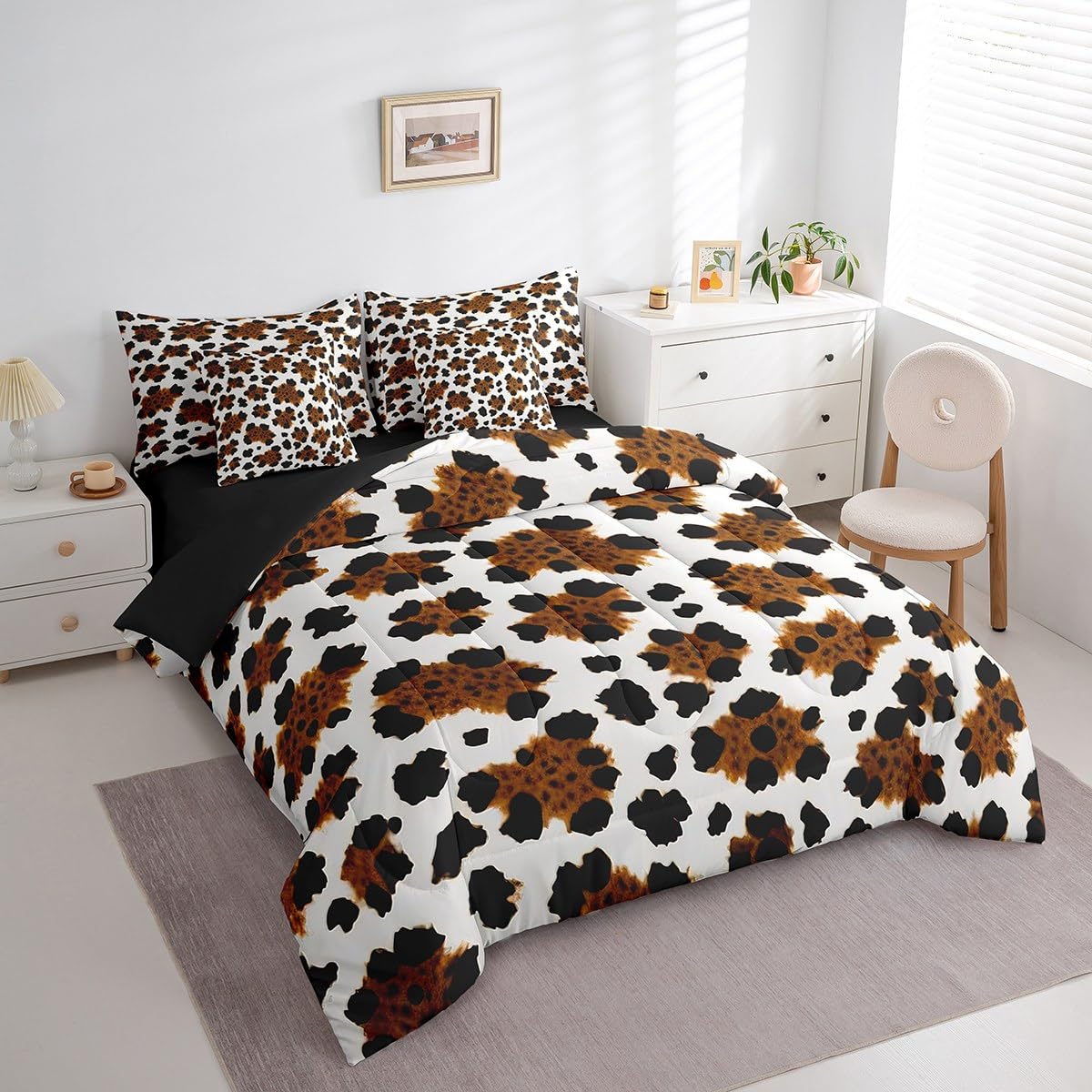 Erosebridal Brown Cowhide Teens Comforter Set 7 Piece Black White Cow Skin Bedding Set Twin Size Western Farmhouse Bed in A Bag for Kids Boys Adult Bedroom Rustic Animal Fur Sheets