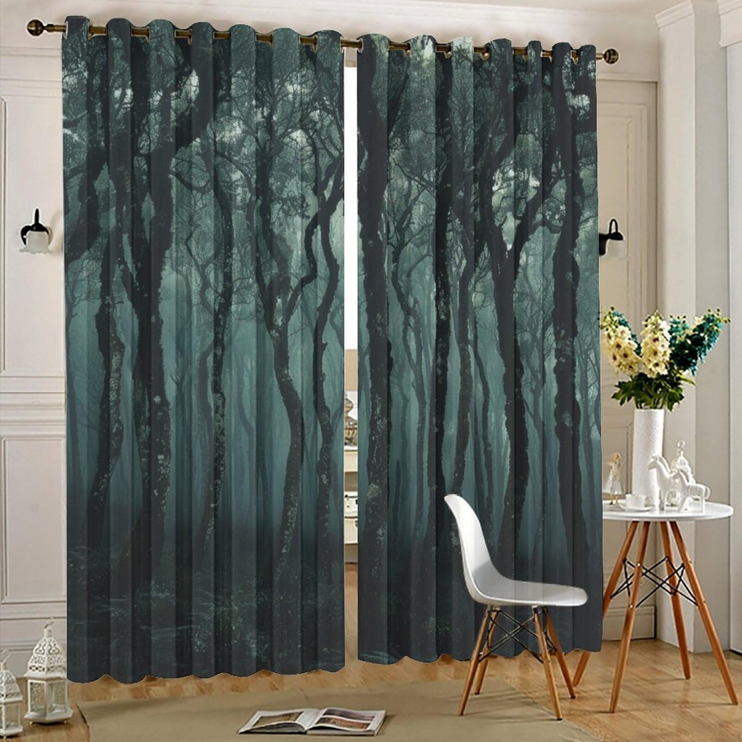 TOWINSFB Tree Forest Green Blackout Curtains for Bedroom/Living Room, Foggy Jungle Trunks Grommet Curtains Thermal Insulated Window Drapes, 2 Panels, Each 21W x 45L