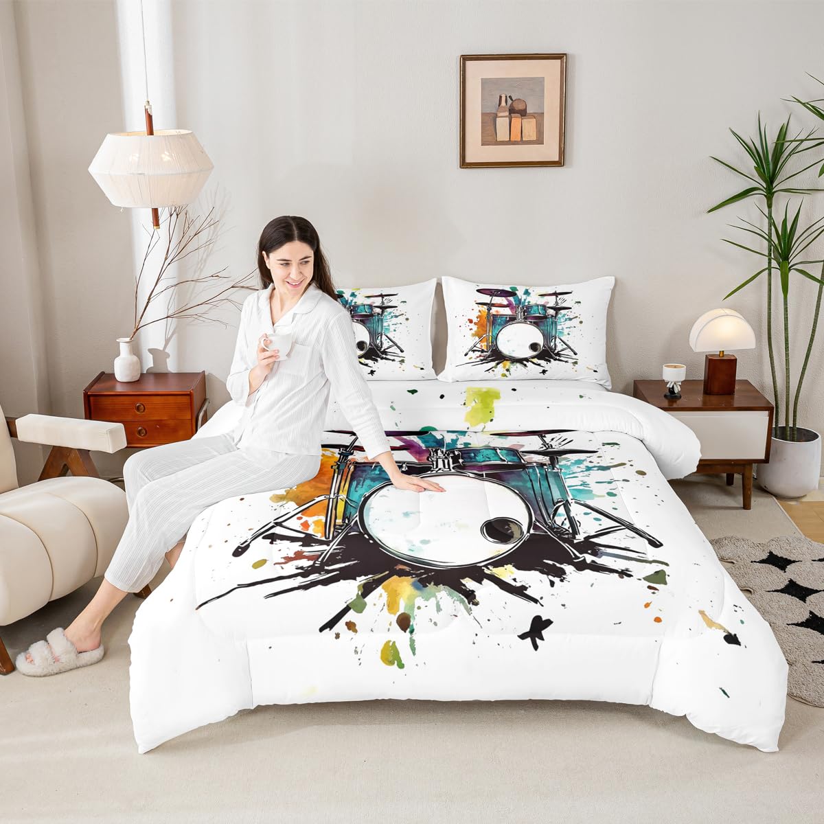 Erosebridal Drum Kit Kids Comforter Sets Rock Music Instrument Queen Bedding Set for Boys Girls Watercolor Drum Kit Comforter Set,Music Theme Quilt Duvet 3 Pcs