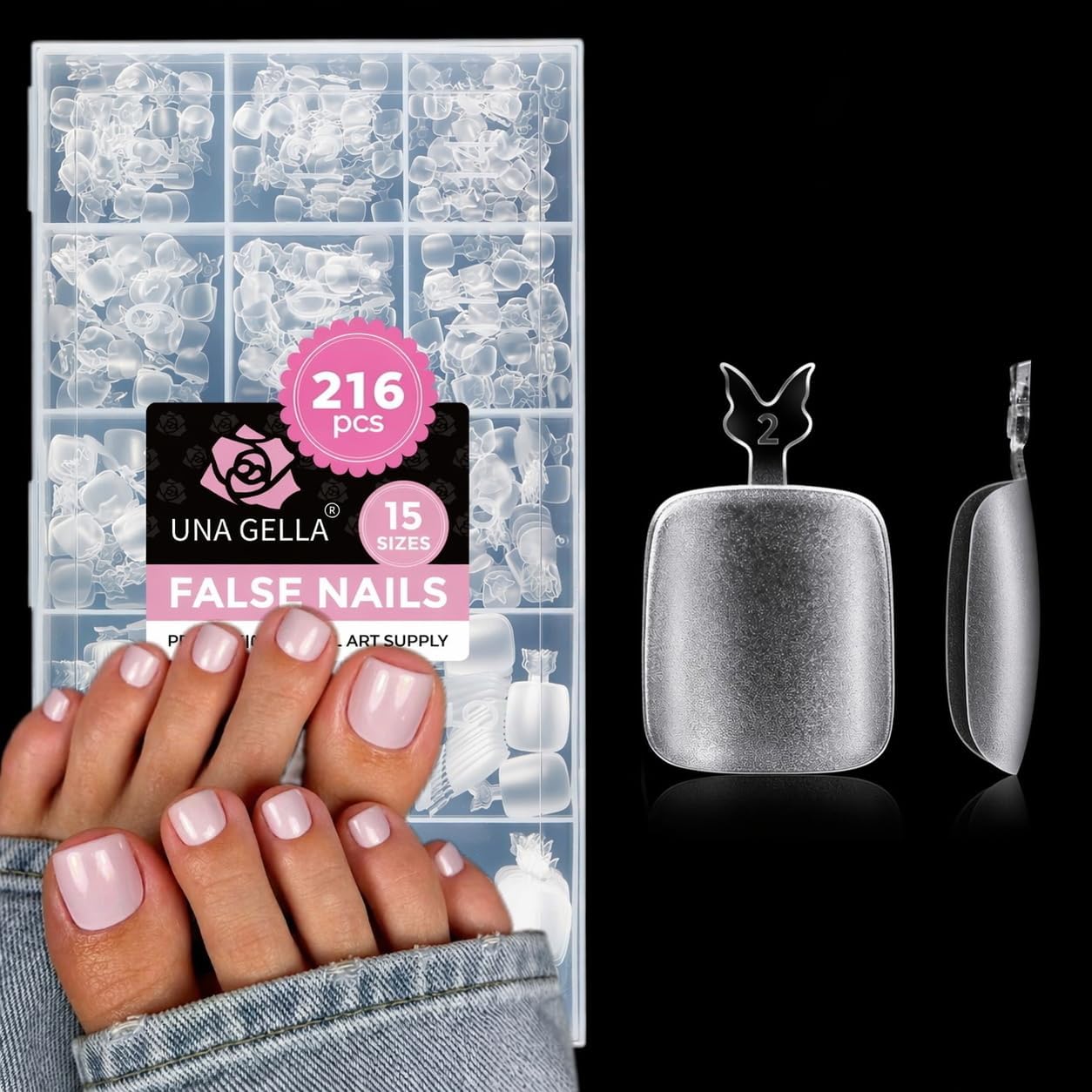 UNA GELLA Toe Nail Tips Full Cover, 216 Pcs Square Round Toe Nail Press Ons Clear Pre-shape Gel Toe Nail Tips Double Matte Acrylic Fake Toenails Extensions DIY Home Nail Salon for Women, 15 Sizes