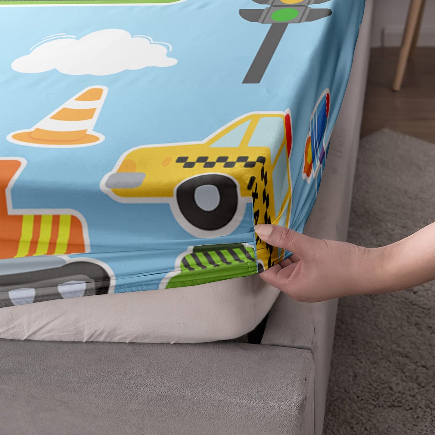 HOSIMA Cartoon Car Kids Fitted Sheet Set,Taxi Excavator Tractor Bedding for Kids' Room, Light Blue, Queen Size,1 Fitted Sheet+2 Pillowcases.