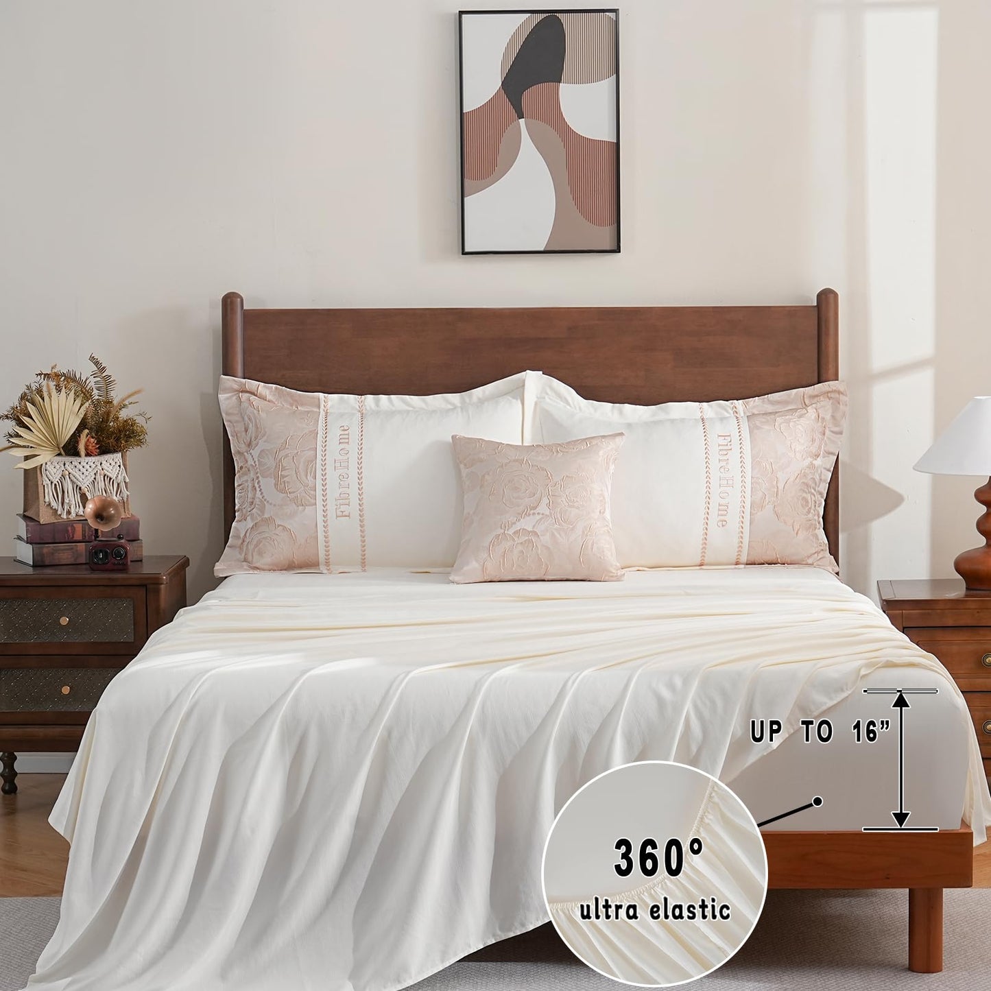 FibreHome Jacquard Bed in a Bag 6-Pieces Jacquard Weave & Embroidery Design Rose Floral Bedding Set Ultra Soft Microfiber Light Weight Comforter All Season Queen Beige Bedding Sets