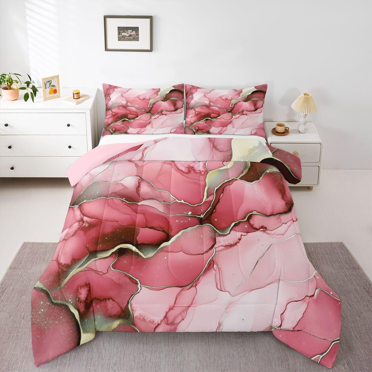Erosebridal Marble Kids Comforter Sets Pink Marble Print King Bedding Set for Boys Girls Gold Liquid Quicksand Design Comforter Set,Novelty Modern Marbling Quilt Duvet 3 Pcs