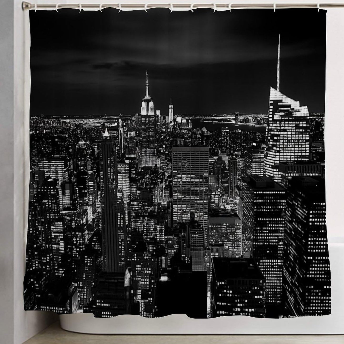 100% BLUE COLLAR Fashion Waterproof Lightweight Shower Curtain, New York City Skyline Black Hotel Bathroom Decorative Shower Curtain with Hooks, 72"x 70"