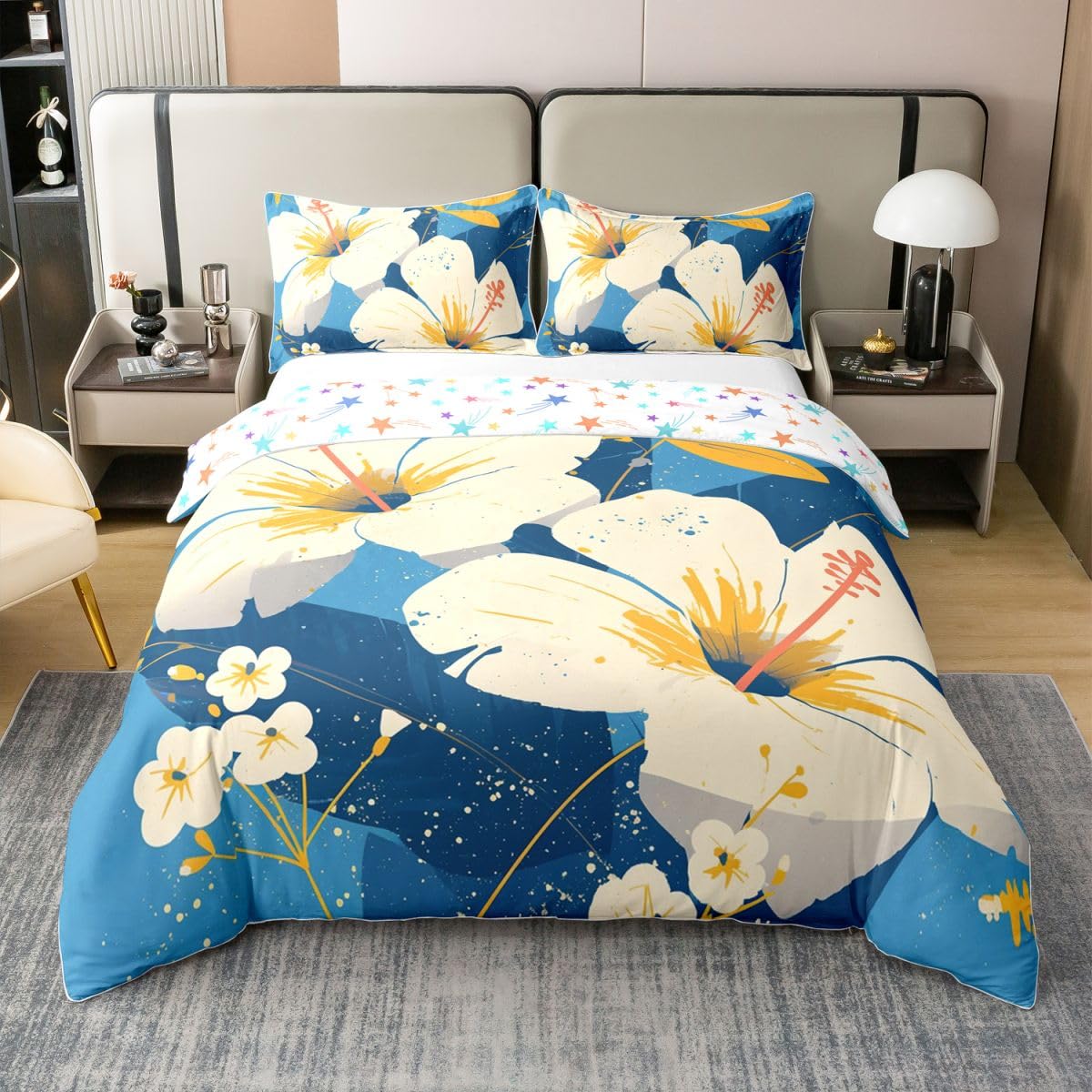 Erosebridal Summer Florals 100% Cotton Duvet Cover Full Beige Flower Bedding Set for Kids Girls Boys Adults Beige Blue Comforter Cover Spring Garden Botanical Bedclothes 3 Pcs