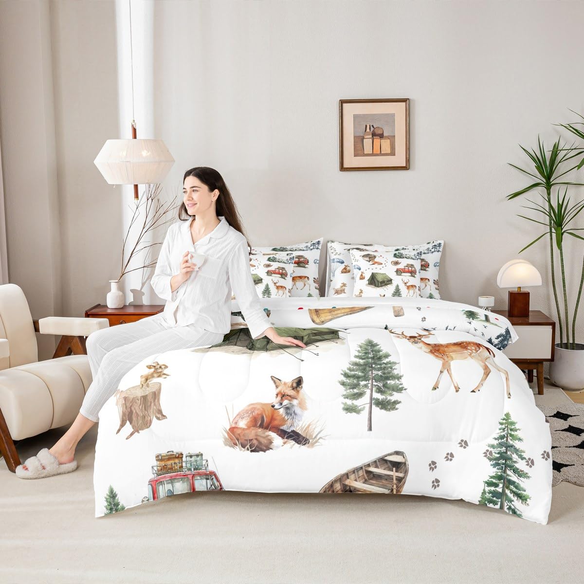Erosebridal Wild Animal 7 Piece Comforter Set Twin Happy Camping Bed in A Bag Fox Deer Wildlife Woodland Animals Bedding Sets for Boys Girls Camper Car Western Cowboy Sheet Set with Comforter