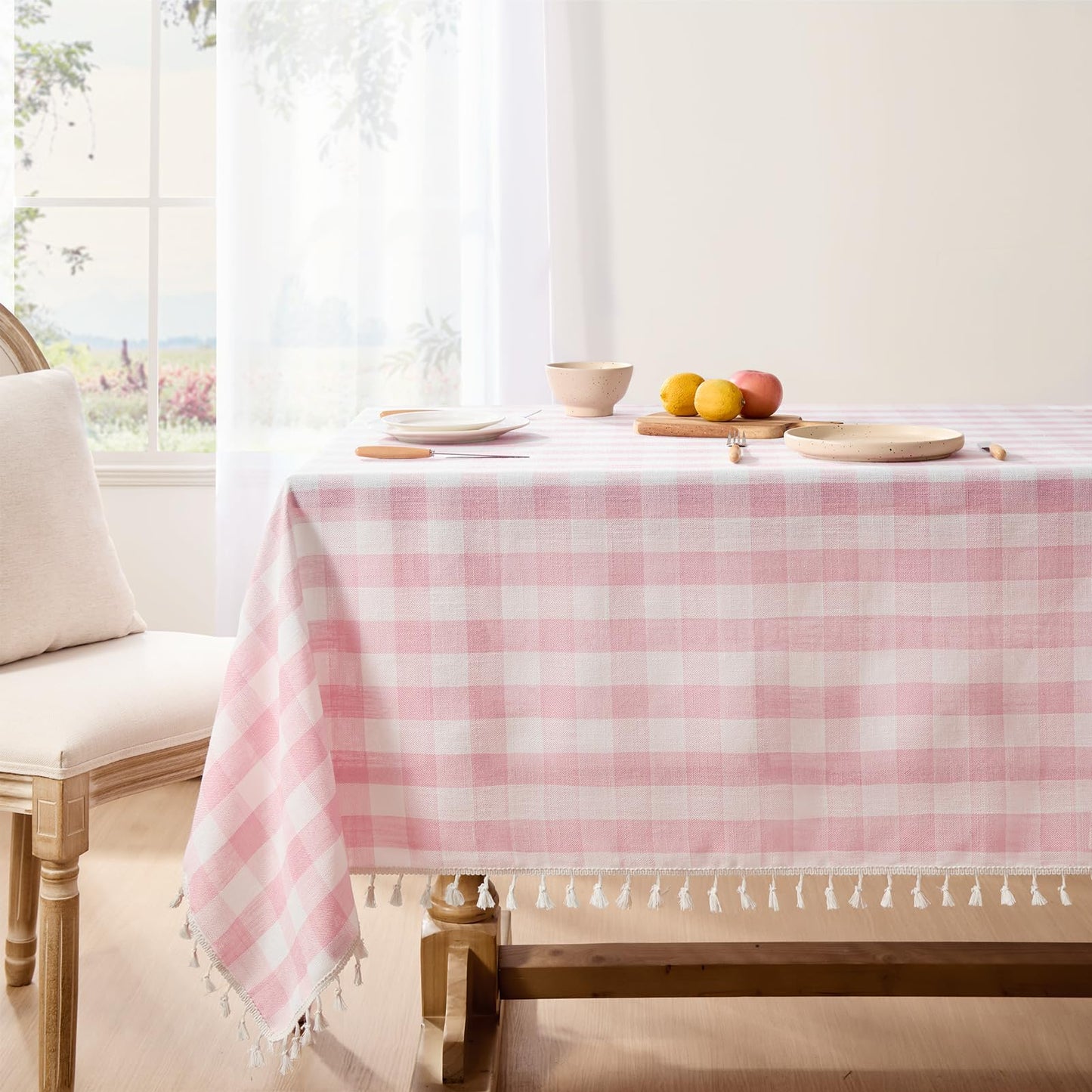 Softalker Pink Gingham Tablecloth Rectangle, Outdoor Linen Cotton Checkered Table Cloth with Tassel, Heavy Duty Wrinkle Free Buffalo Plaid Table Cover for Kitchen Dining Home Party - 55 x 84 Inch