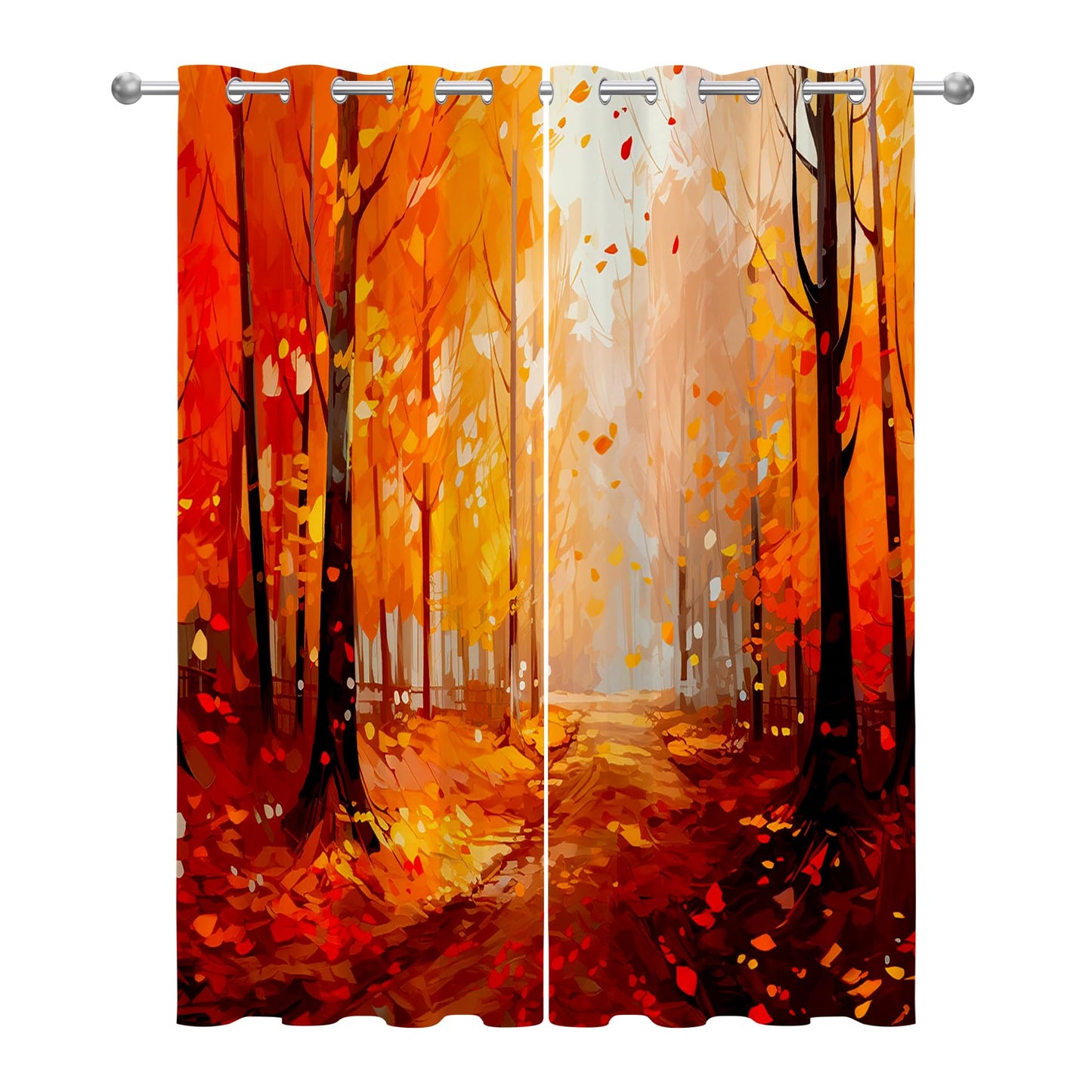 Fall Scenery Curtains 63 Inch Length, Autumn Forest Landscape Painting Art Blackout Curtains for Bedroom Living Room, Room Darkening Thermal Insulated Grommet Drapes, Patterned Window Treatments