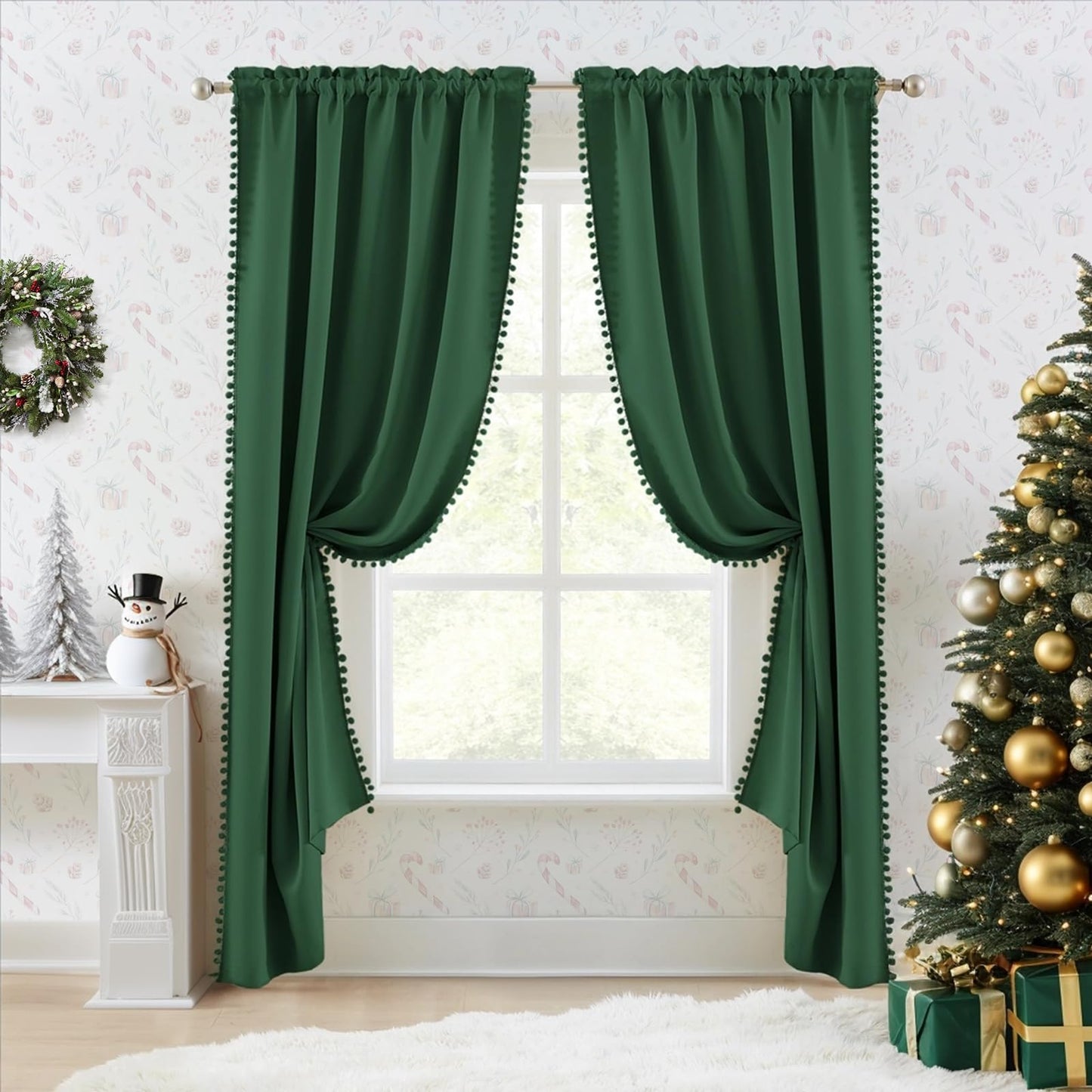 Melodieux Green Pom Pom Blackout Curtains 84 Inches Long for Bedroom, Boho Black Out Curtains 2 Panels for Living Room, Rod Pocket Kids Girls Nursery Drapes Elegant Cotton Textured, 52" W x 84" L