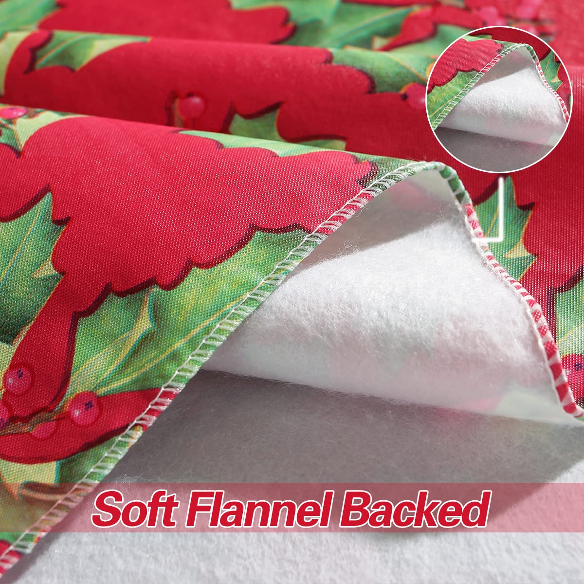 Christmas Tablecloth Rectangle Vinyl Flannel Backing, Floral Holly & Berry Print Waterproof Plastic Heavy Table Cloth for Dining, Buffet Party & Outdoor Decorations, 52 x 70 Inch Red