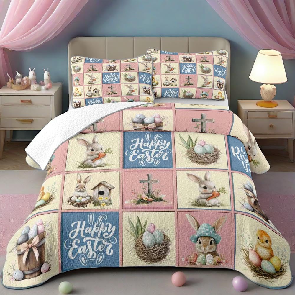 WHWODIDE Happy Easter Patchwork Quilt Set King Pink 3 Pcs Bunny Rabbit Eggs Checkered Bedspread Comforter Soft Lightweight Bedding Set Birthday Gift for Home Decor (Easter Pink Blue, King)