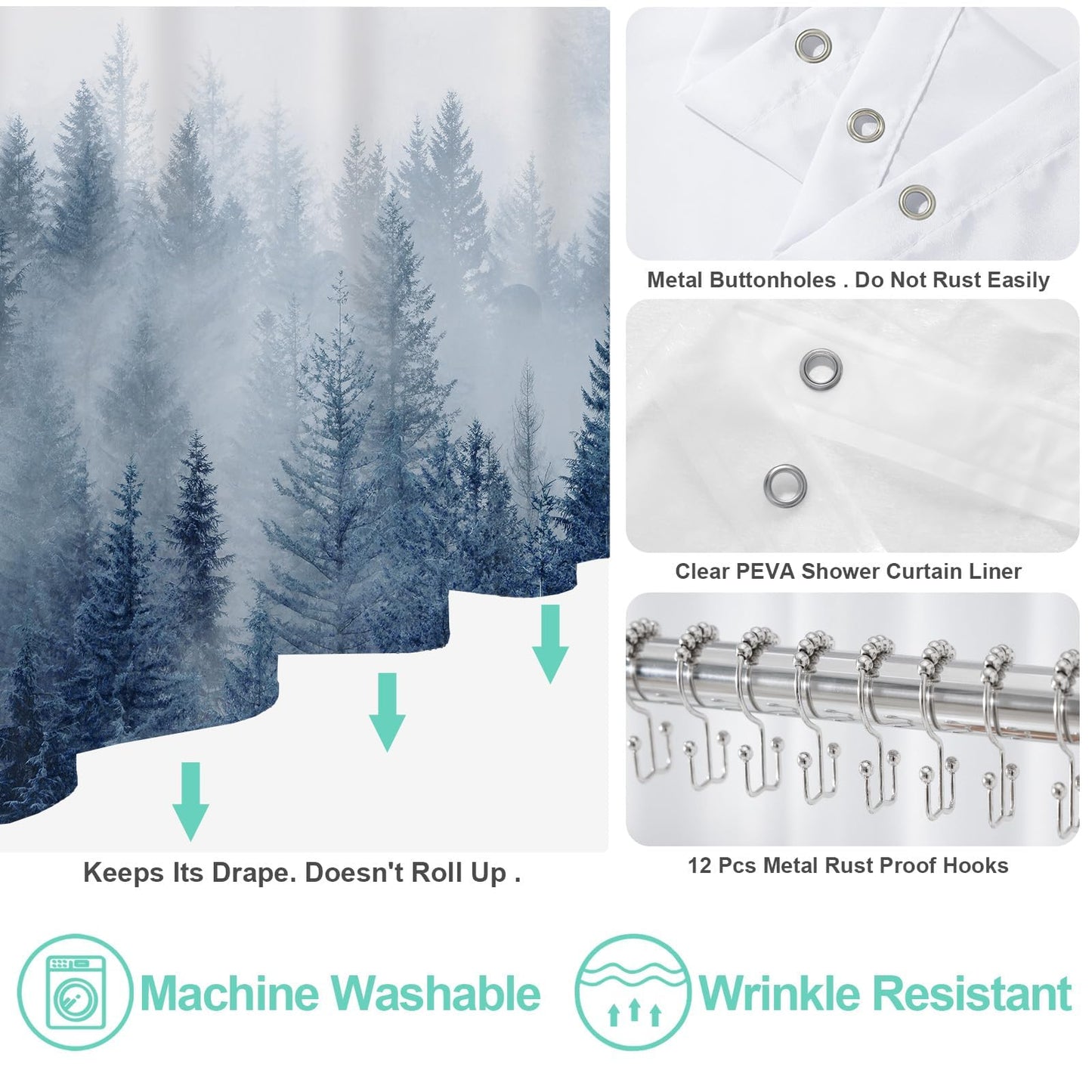 ORTIGIA 3 in 1 Waterproof Shower Curtain and Clear PEVA Liner Set with 12 Double Sided Metal Hooks, Blue Misty Forest Tree Shower Curtains for Bathroom - 72 Wx72 L
