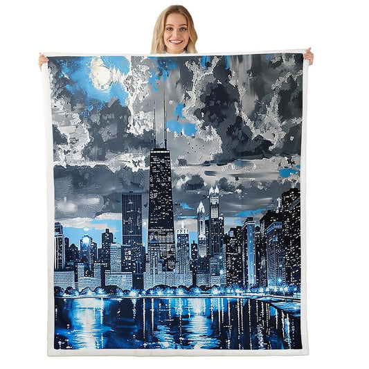 Boys Modern City Plush Blanket,Watercolor Blue Light Building Print Bed Blanket Home Decor Gift,Fashion Night View Cloud Sky Modern Style Fuzzy Blanket Office Chair, X Size (40 x 50 Inch)