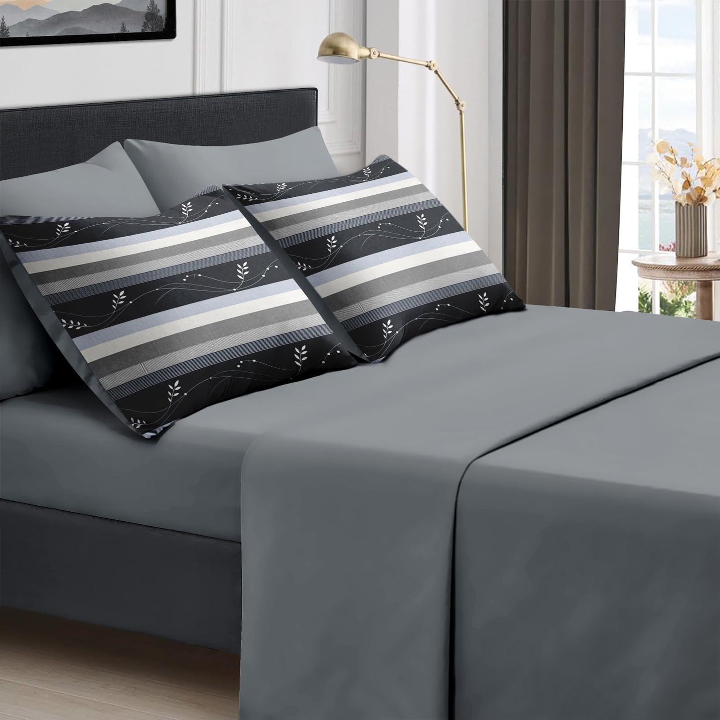 Boewywh Comforter Set Twin Size Striped Leaf Farmhouse 7 Pcs, Bedding for Kids and Adults, Bed Sheet Sets with Fitted Sheet 2 Pillowcases & 2 Shams for Bedroom Bed Decor