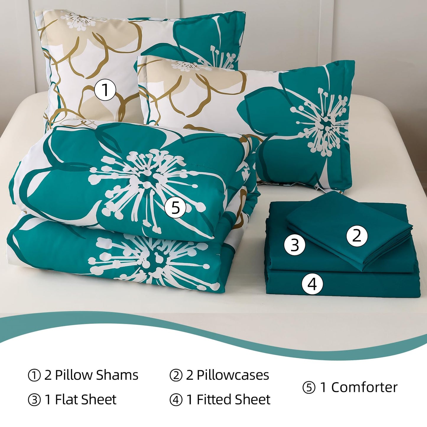 Anibedding 7Pieces Teal Grey Floral Comforter Set Queen Size, Soft Microfiber Grey Blue Bed in a Bag Comforter Set with Sheets for All Season