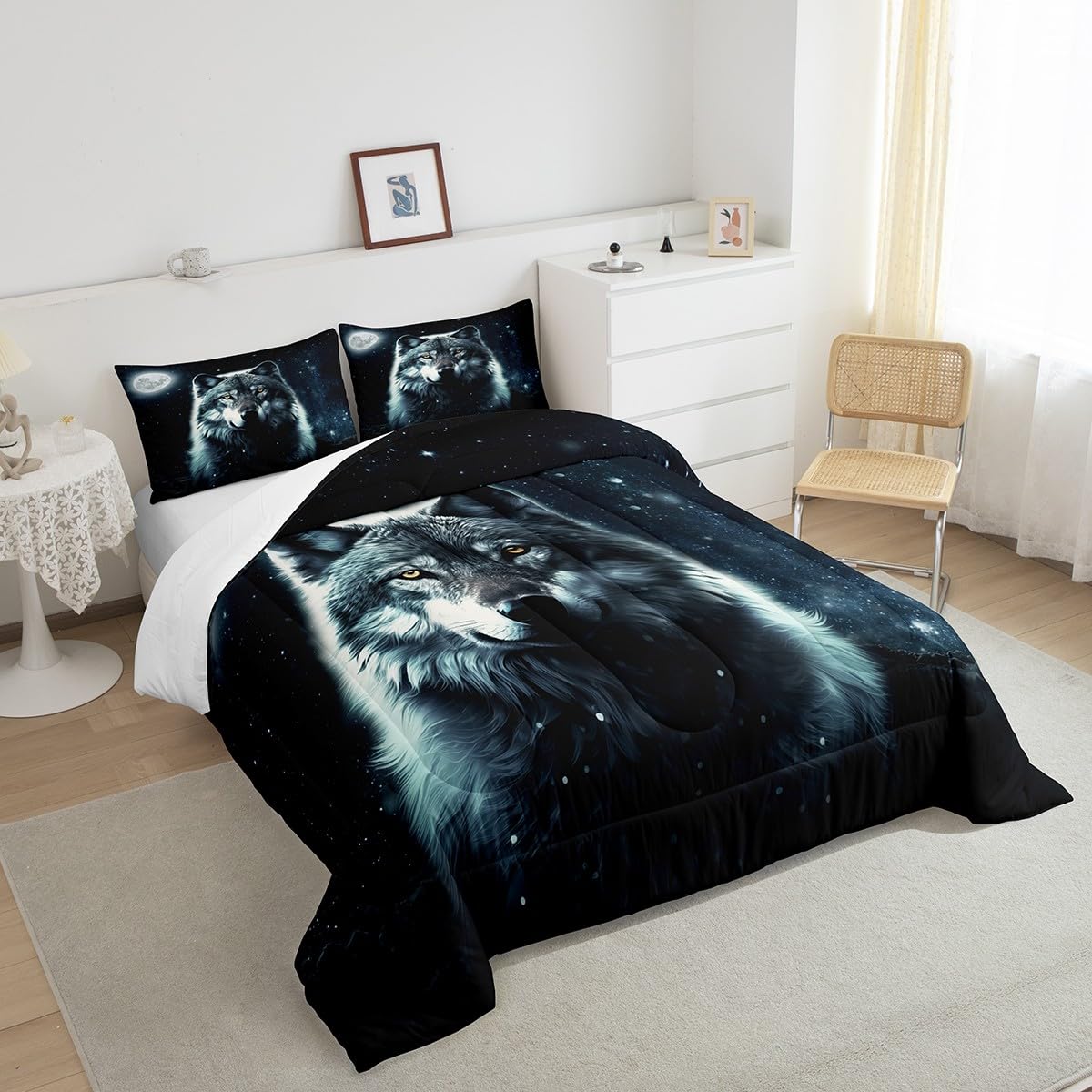 Manfei Galaxy Wolf Comforter Set Twin Size, Wild Animal Theme Quilt Set with 1 Pillowcase, Blue Starry Sky Moon Bedding Set 2pcs for Kids Boys Teens Room Decor Lightweight Duvet Insert