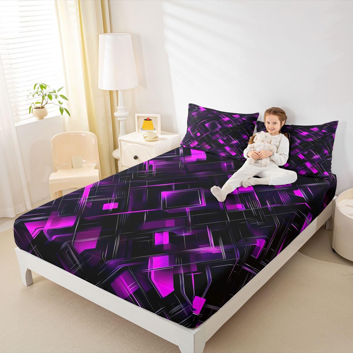 Feelyou Black Pink Bed Sheets Set Queen Size Geometric Checkered Bed Set for Kids Boys Girls Abstract Stereoscopic Grids Deep Pocket Fitted Sheet Breathable Soft Lightweight Microfiber