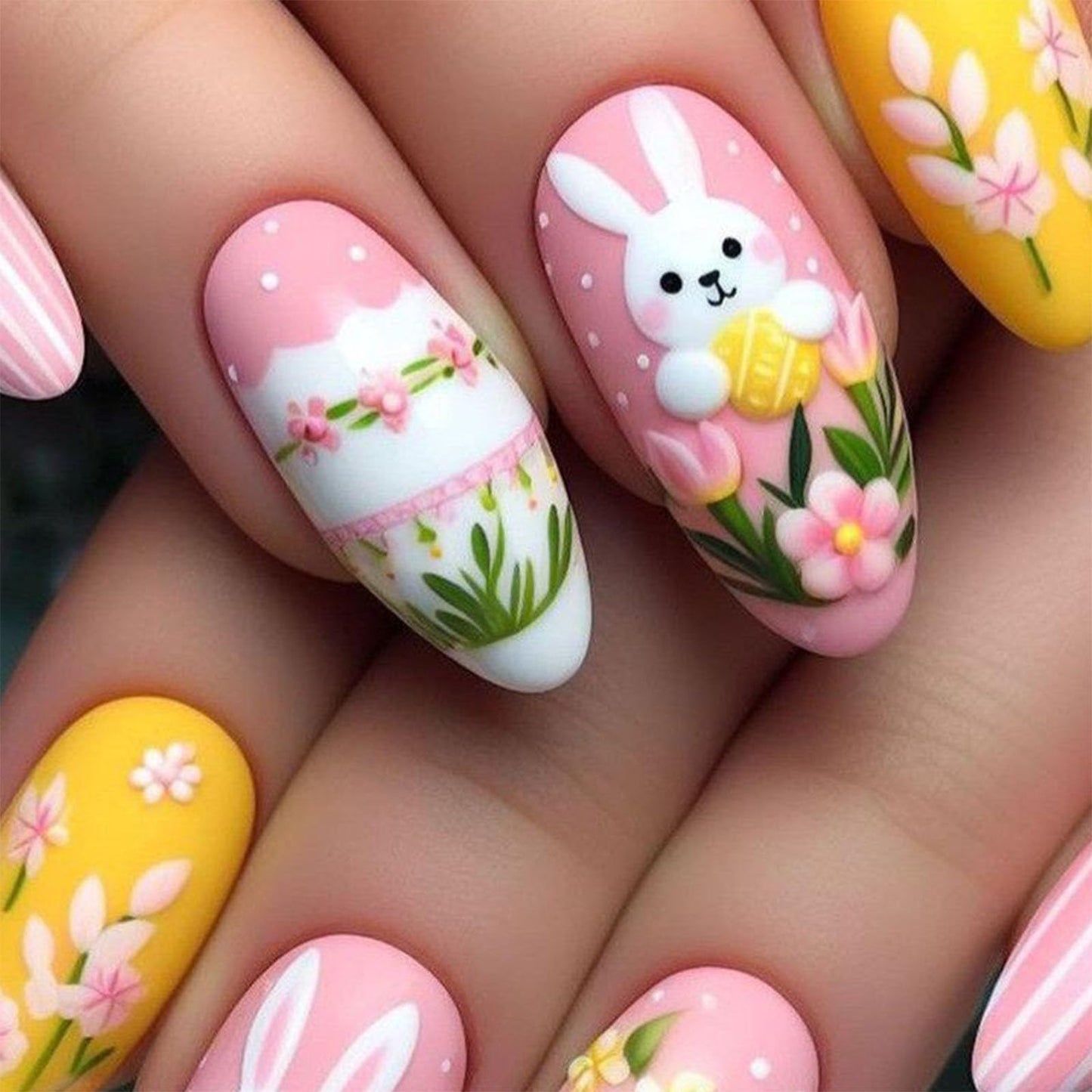 IMSOHOT Easter Press on Nails Medium Almond Fake Nails with Pink Flower & Cute Rabbit Design Pink Yellow Matte Full Cover False Nails Glue on Nails for Women Girls 24Pcs