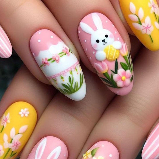 IMSOHOT Easter Press on Nails Medium Almond Fake Nails with Pink Flower & Cute Rabbit Design Pink Yellow Matte Full Cover False Nails Glue on Nails for Women Girls 24Pcs