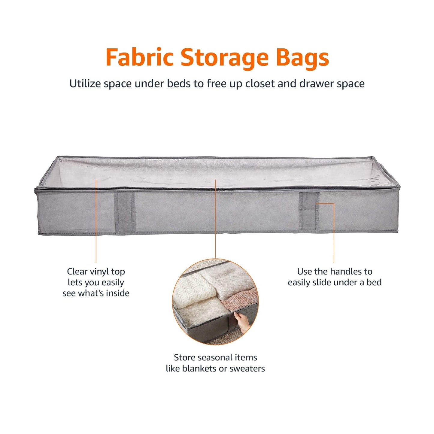 Amazon Basics Under Bed Storage Bags for Clothes and Blankets, Foldable Fabric Zipper Container with Clear Window and Reinforced Handles, Space Saving, 18 x 42 x 6 inches, Gray, 2-Pack